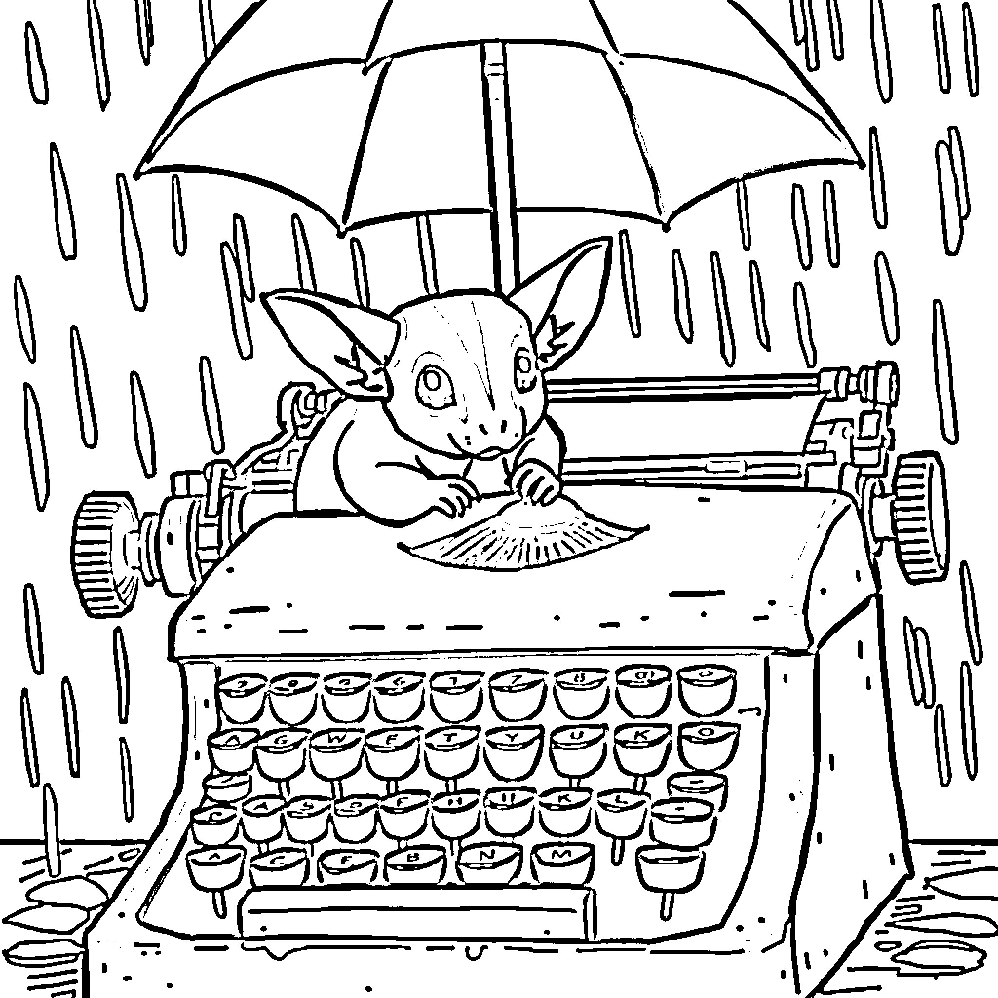 Sugar Glider typing on a typewriter in the rain Coloring Page (free black-and-white line drawing printable PDF for all, from beginners to advanced learners, including children, teens, adults, and seniors)