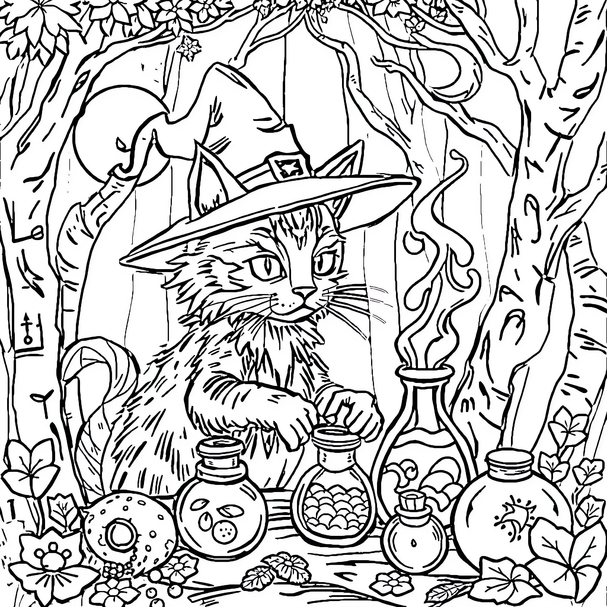 Witch Cat conjuring potions in the mystic forest Coloring Page (free black-and-white line drawing printable PDF for all, from beginners to advanced learners, including children, teens, adults, and seniors)