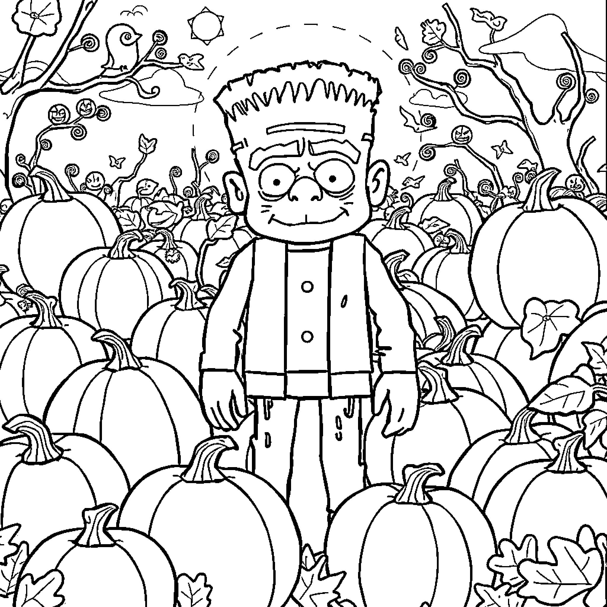 Frankenstein character surrounded by spooky Halloween elements Coloring Page (free black-and-white line drawing printable PDF for all, from beginners to advanced learners, including children, teens, adults, and seniors)