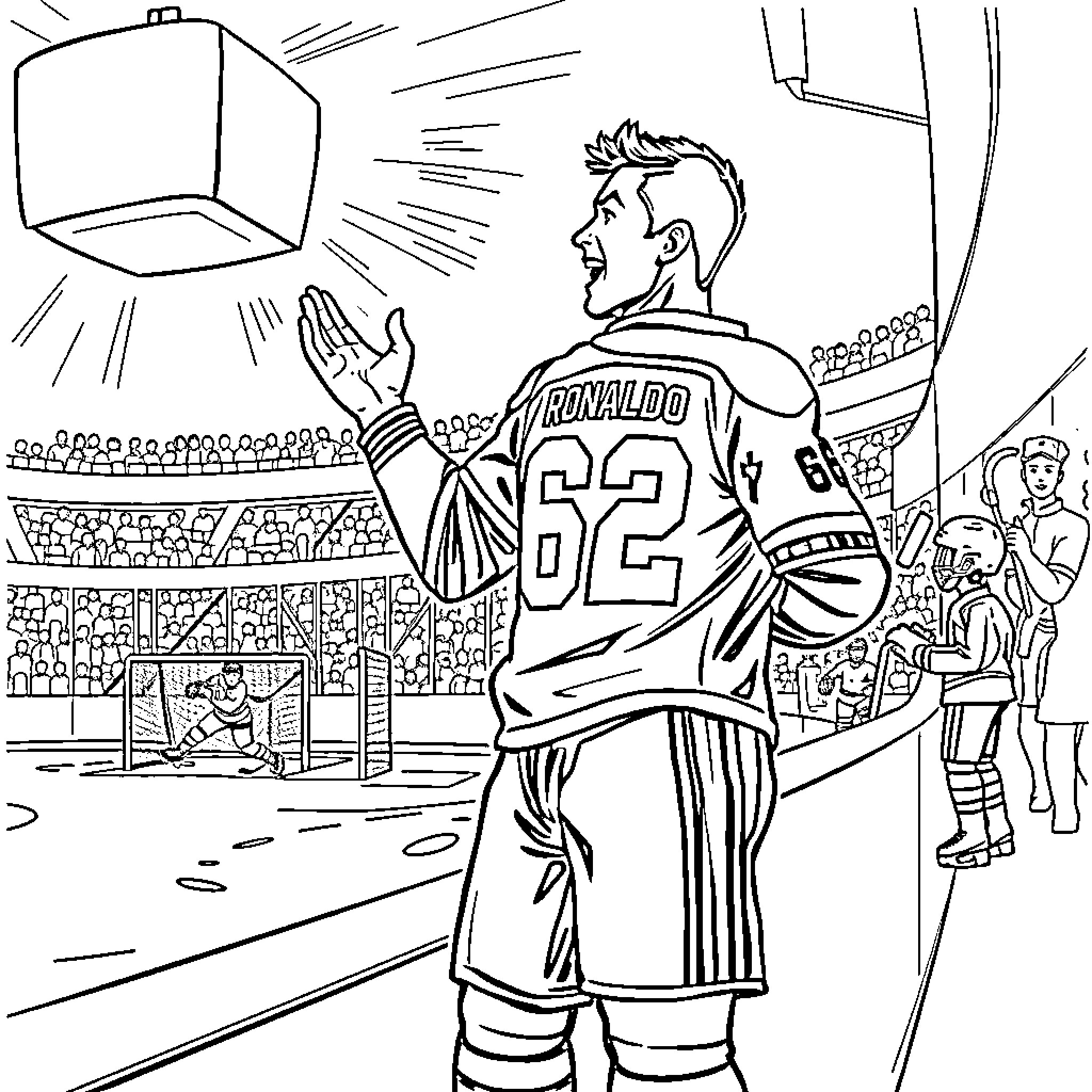 Christiano Ronaldo Celebrating on the Field Coloring Page (free black-and-white line drawing printable PDF for all, from beginners to advanced learners, including children, teens, adults, and seniors)