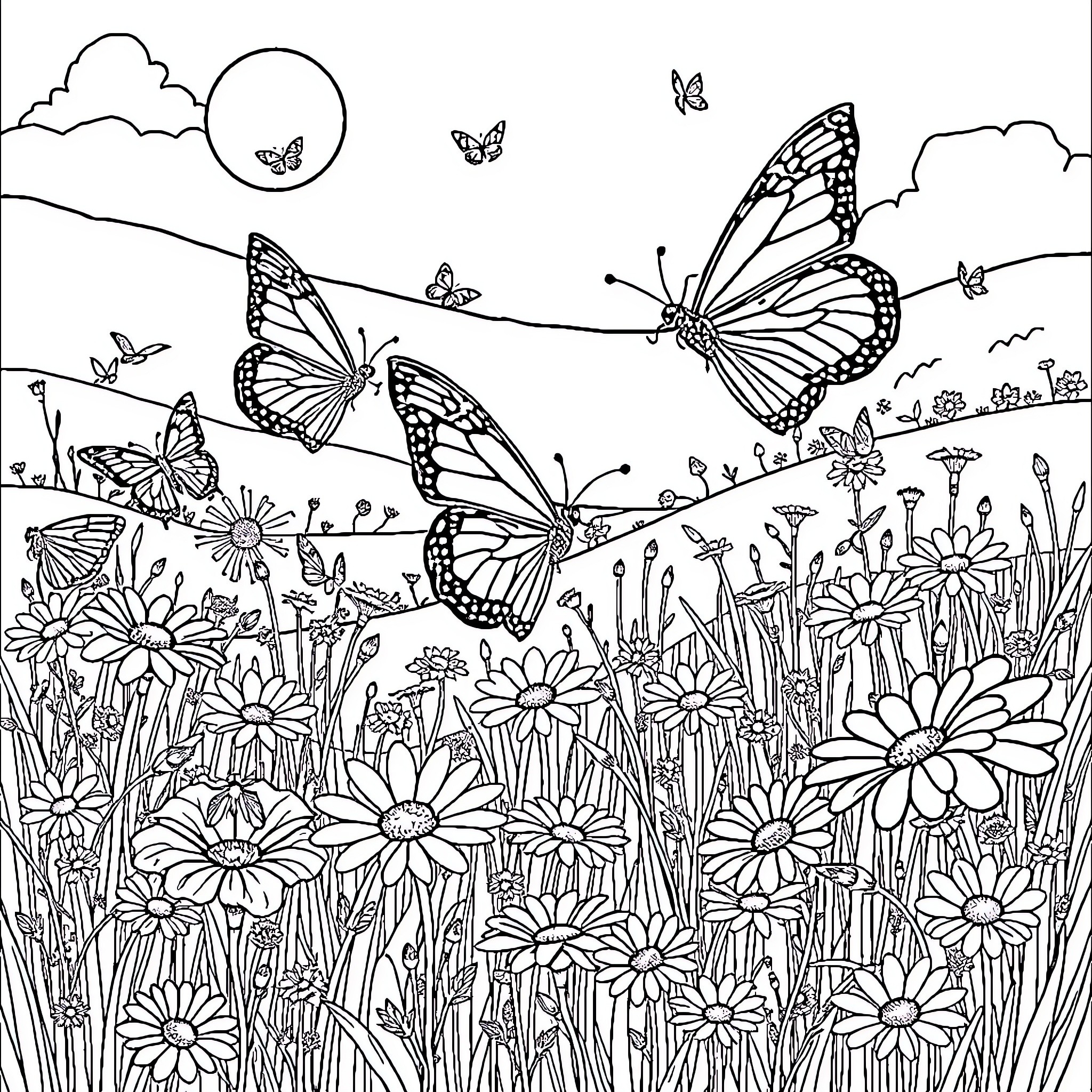Butterfly Dance in the Flower Field Coloring Page (free black-and-white line drawing printable PDF for all, from beginners to advanced learners, including children, teens, adults, and seniors)