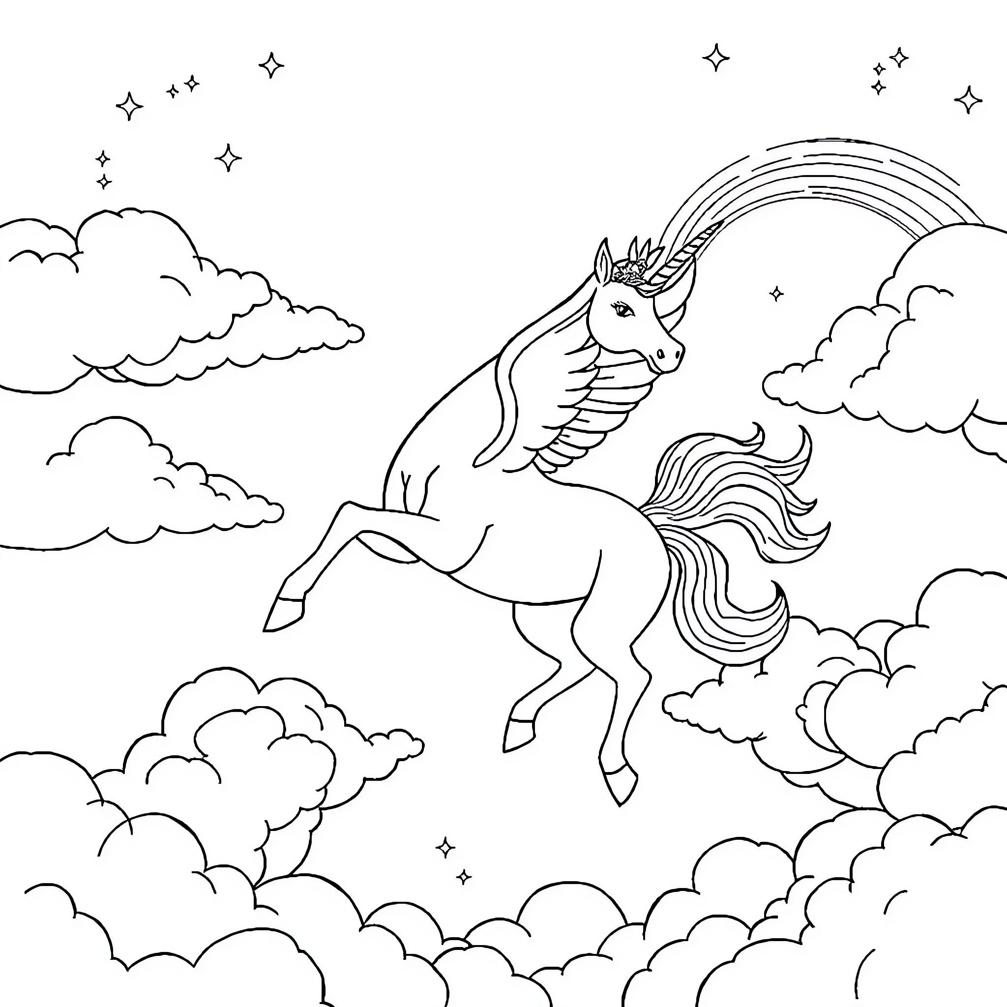 Unicorn soaring through a starry sky Coloring Page (free black-and-white line drawing printable PDF for all, from beginners to advanced learners, including children, teens, adults, and seniors)