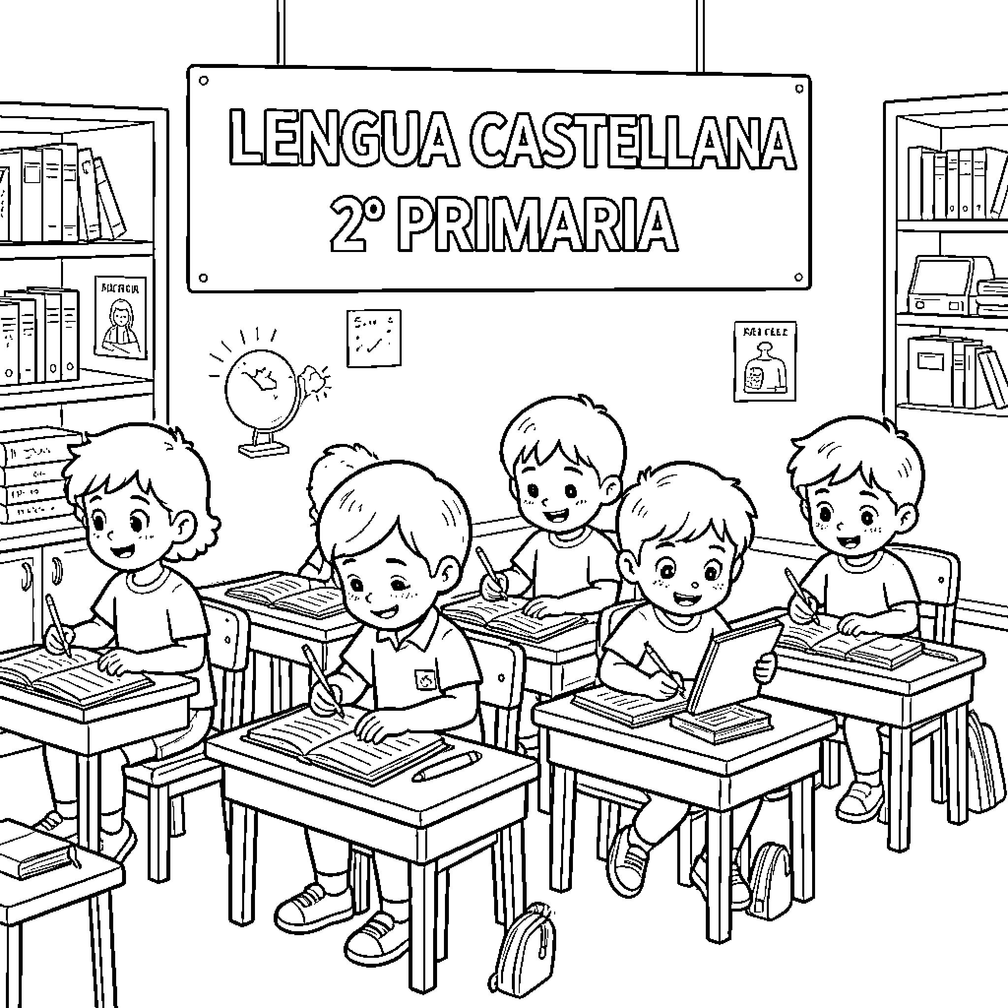 Niño and classmates studying intently at school desks Coloring Page (free black-and-white line drawing printable PDF for all, from beginners to advanced learners, including children, teens, adults, and seniors)
