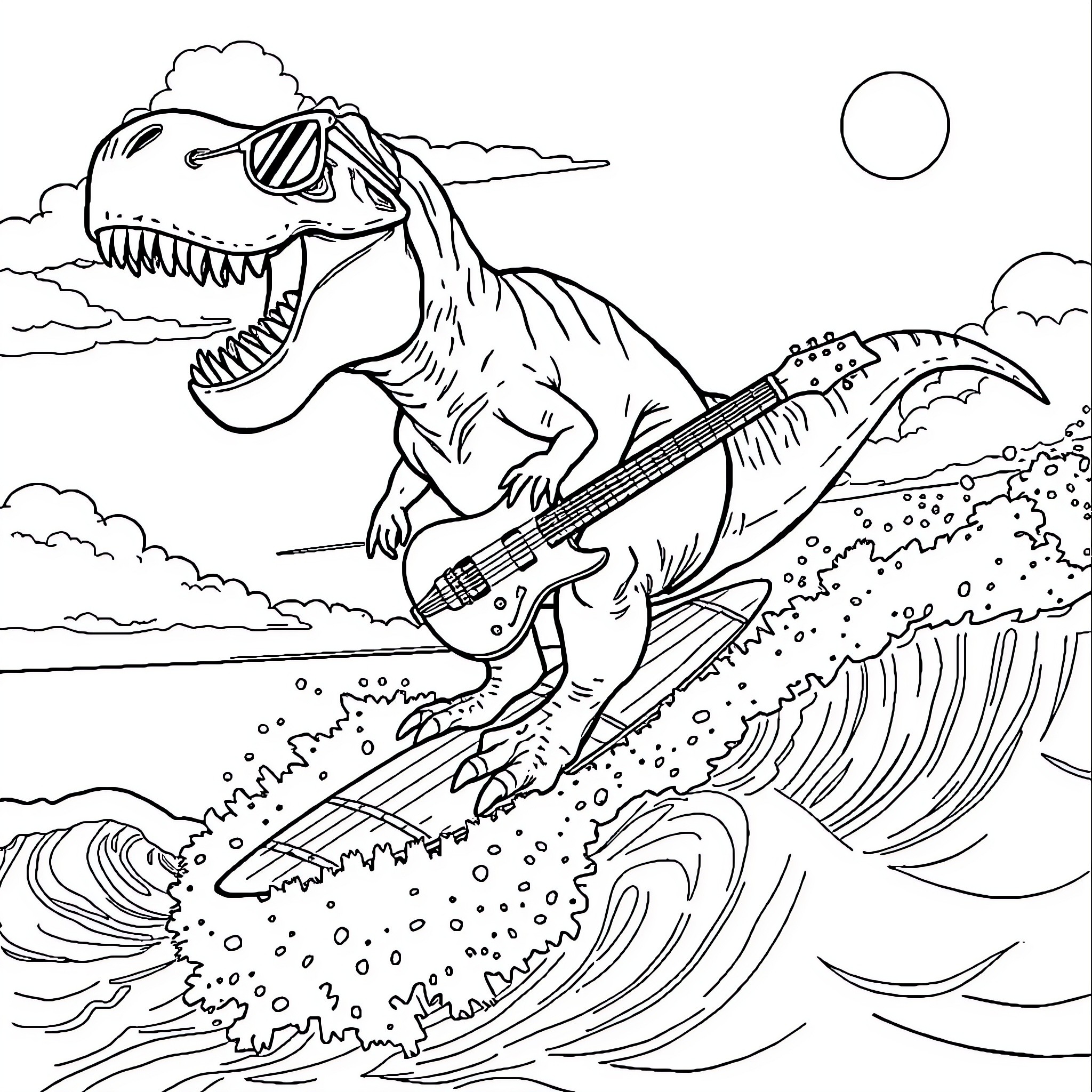 Tyrannosaurus Rex Rocking Out in the Waves Coloring Page (free black-and-white line drawing printable PDF for all, from beginners to advanced learners, including children, teens, adults, and seniors)