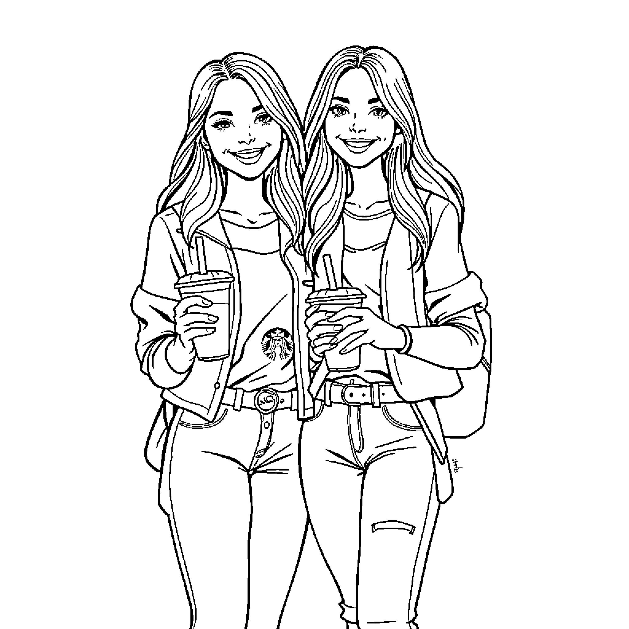 Girls enjoying drinks together in casual outfits Coloring Page (free black-and-white line drawing printable PDF for all, from beginners to advanced learners, including children, teens, adults, and seniors)