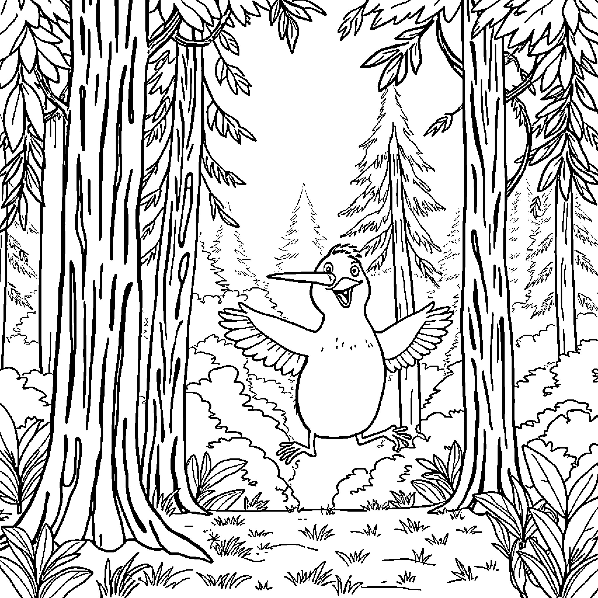 Kiwi bird exploring the lush forest Coloring Page (free black-and-white line drawing printable PDF for all, from beginners to advanced learners, including children, teens, adults, and seniors)