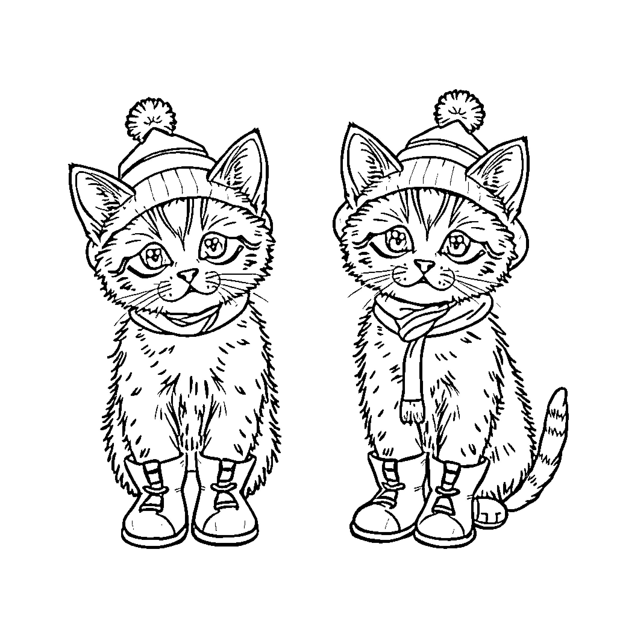 Kittens wearing adorable winter outfits Coloring Page (free black-and-white line drawing printable PDF for all, from beginners to advanced learners, including children, teens, adults, and seniors)