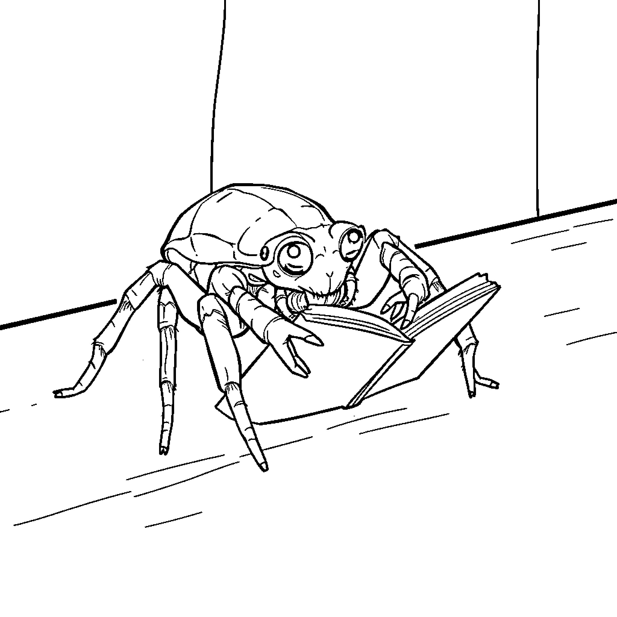 Spider reading intently on a book Coloring Page (free black-and-white line drawing printable PDF for all, from beginners to advanced learners, including children, teens, adults, and seniors)