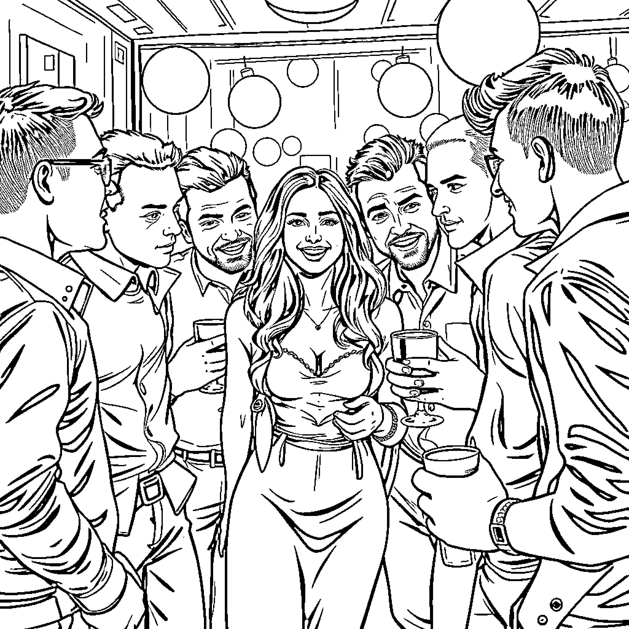 Lady surrounded by admiring gentlemen at a party Coloring Page (free black-and-white line drawing printable PDF for all, from beginners to advanced learners, including children, teens, adults, and seniors)