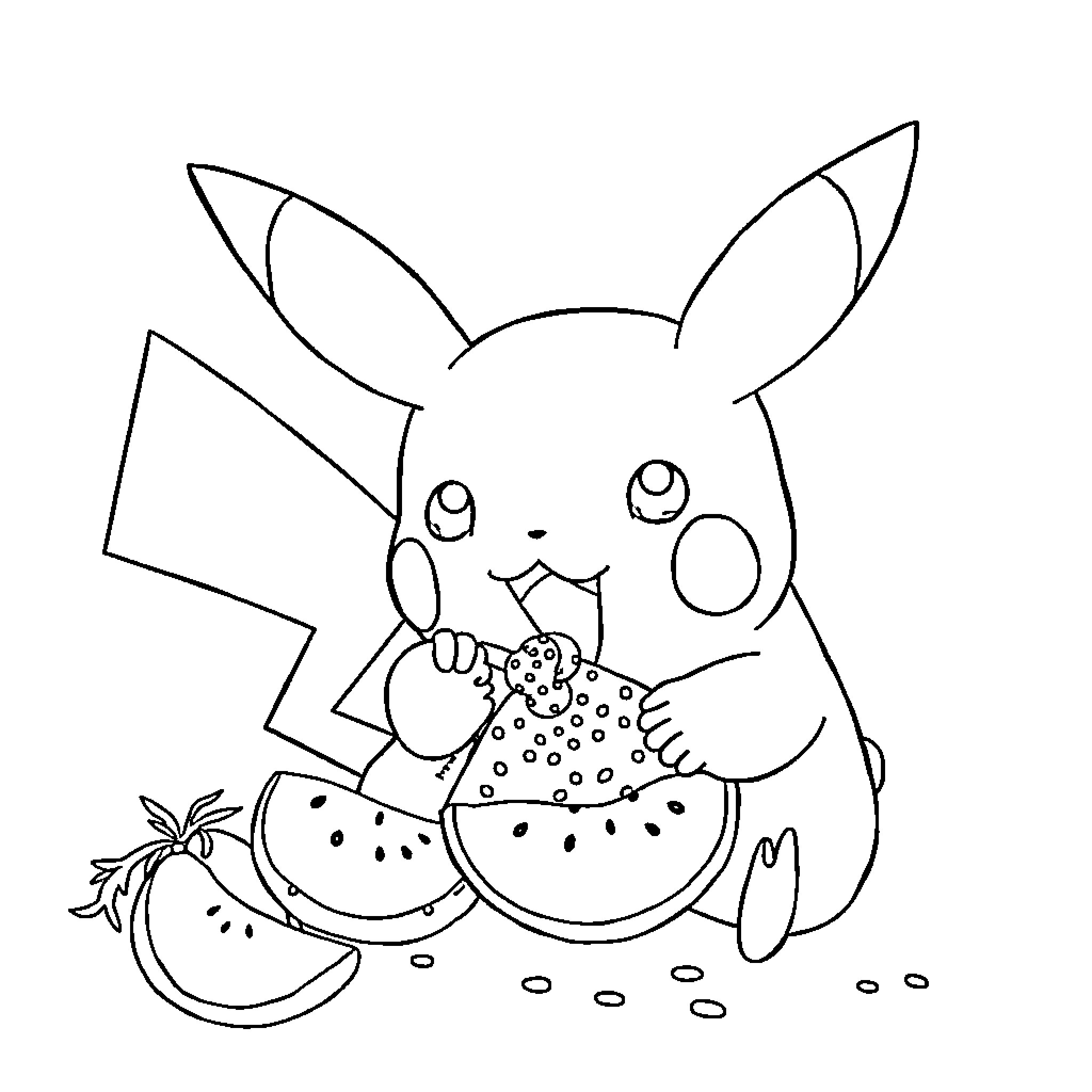 Pikachu enjoying a watermelon snack Coloring Page (free black-and-white line drawing printable PDF for all, from beginners to advanced learners, including children, teens, adults, and seniors)