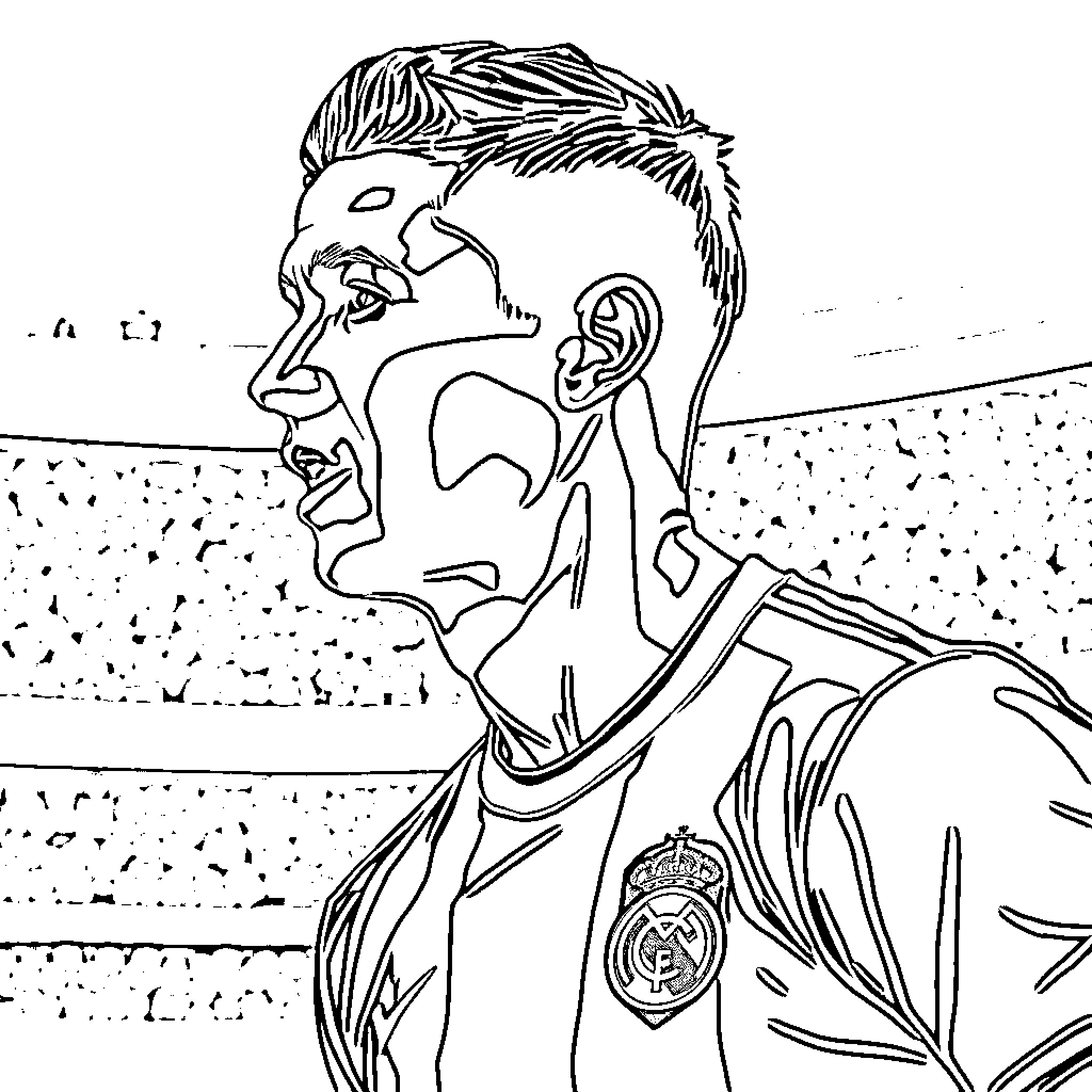 Cristiano Ronaldo's Passionate Celebration on the Pitch Coloring Page (free black-and-white line drawing printable PDF for all, from beginners to advanced learners, including children, teens, adults, and seniors)