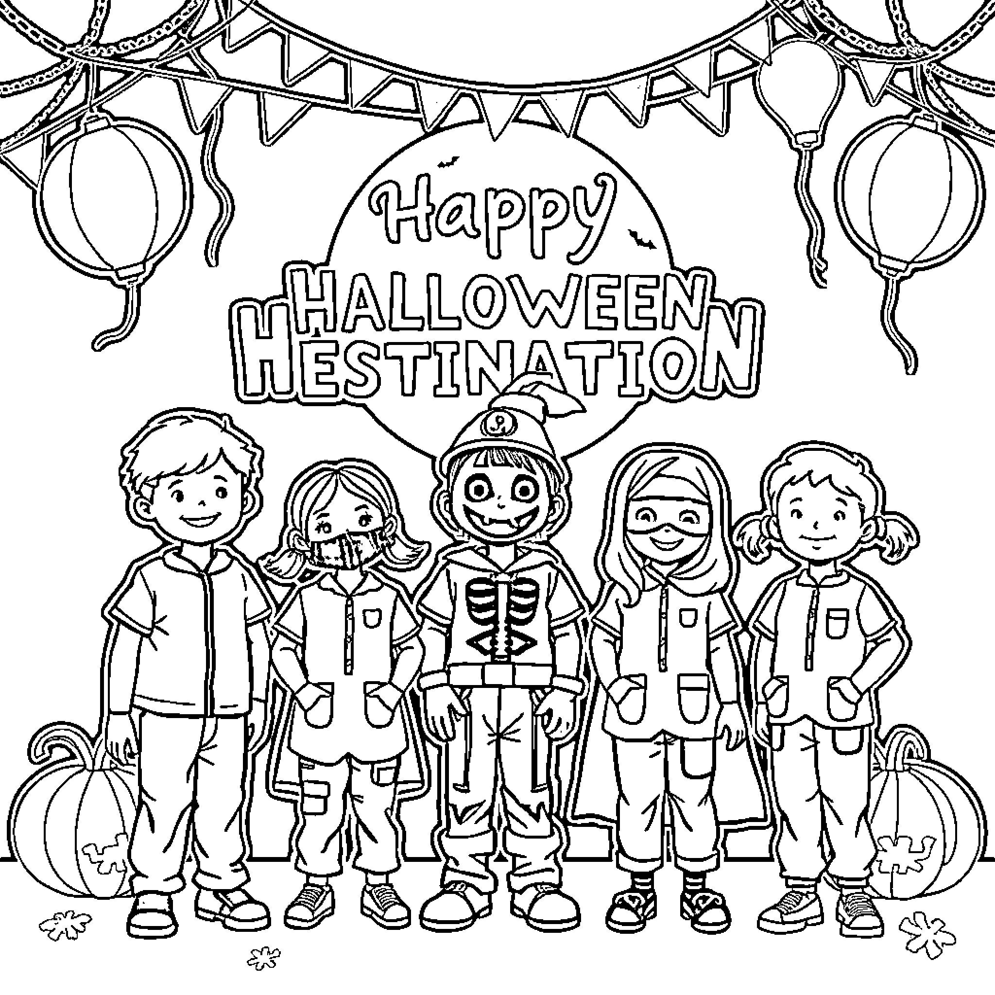 Children celebrating Happy Halloween in costume Coloring Page (free black-and-white line drawing printable PDF for all, from beginners to advanced learners, including children, teens, adults, and seniors)