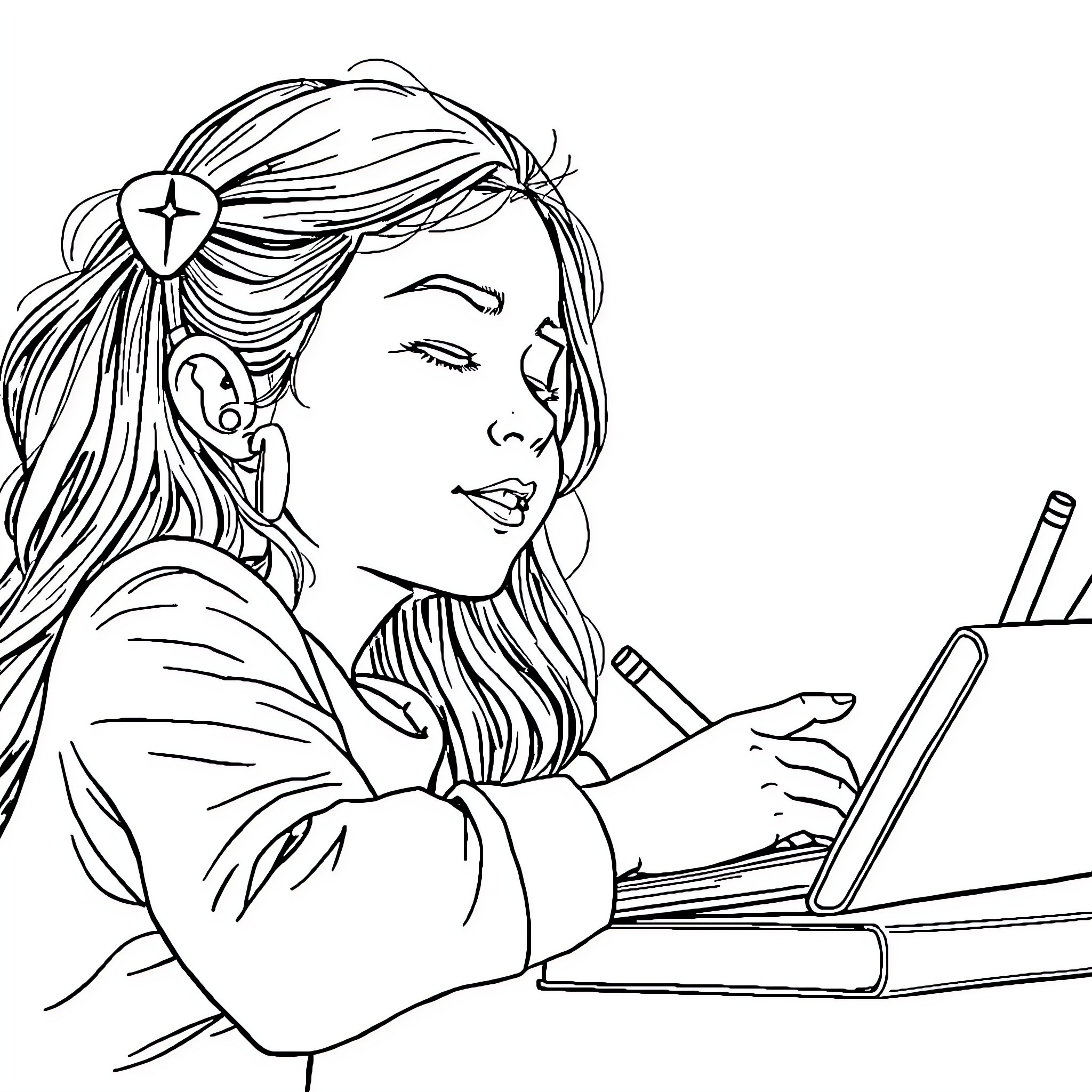 Nina studying diligently at her desk Coloring Page (free black-and-white line drawing printable PDF for all, from beginners to advanced learners, including children, teens, adults, and seniors)