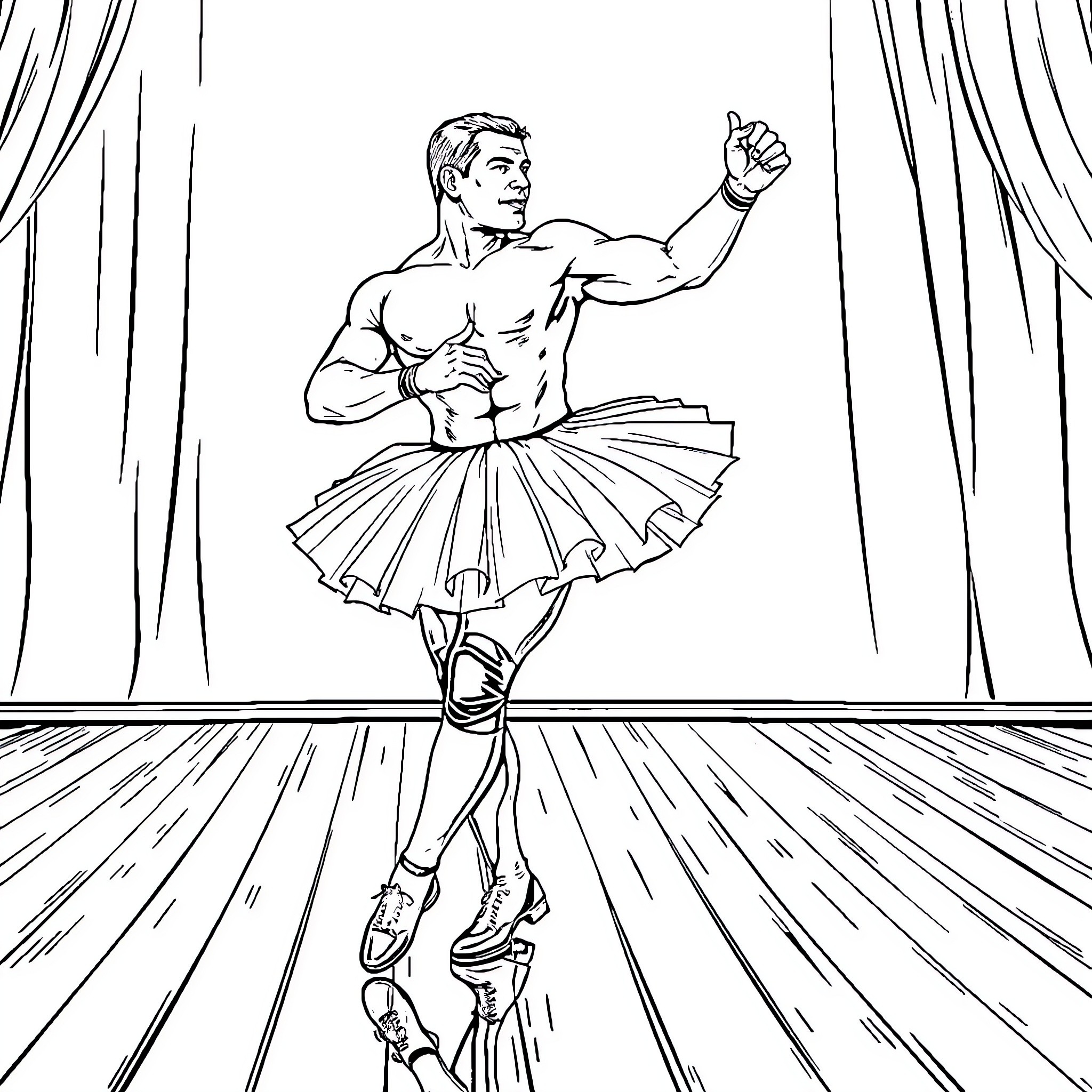 John Cena's Ballet Showcase: Graceful Moves and Powerful Presence Coloring Page (free black-and-white line drawing printable PDF for all, from beginners to advanced learners, including children, teens, adults, and seniors)