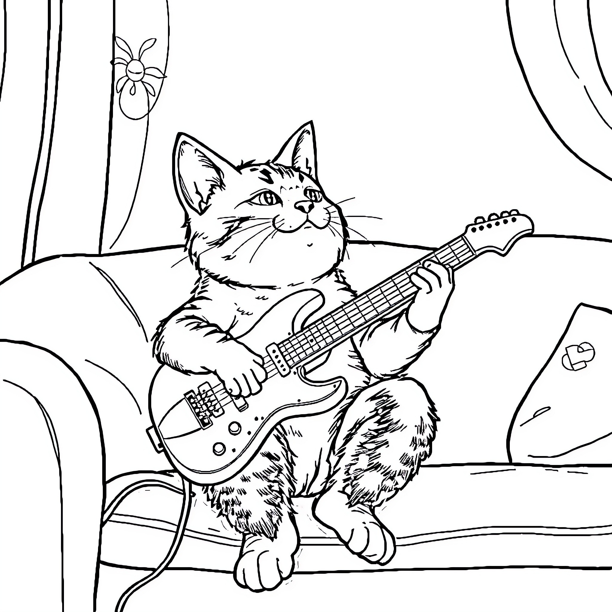 Cat playing guitar in music room Coloring Page (free black-and-white line drawing printable PDF for all, from beginners to advanced learners, including children, teens, adults, and seniors)