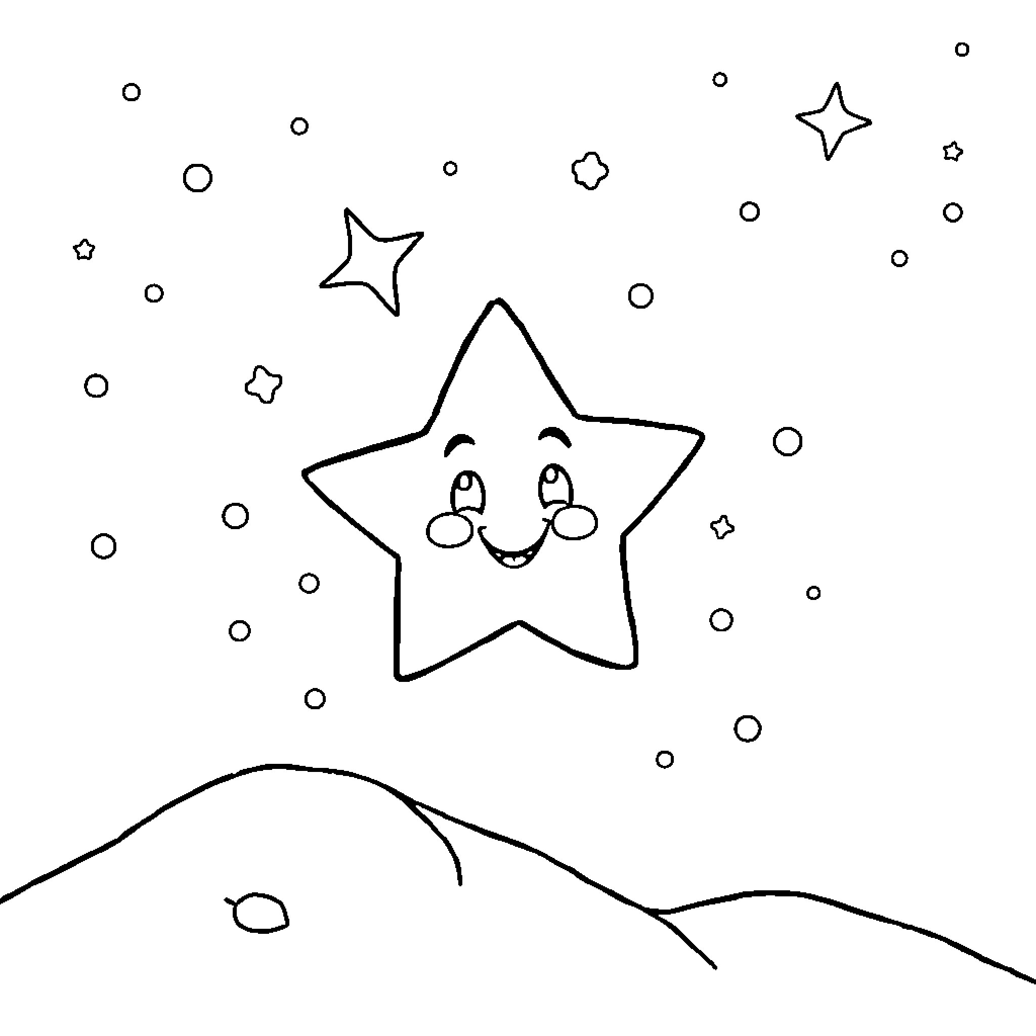 Star smiling in the night sky Coloring Page (free black-and-white line drawing printable PDF for all, from beginners to advanced learners, including children, teens, adults, and seniors)