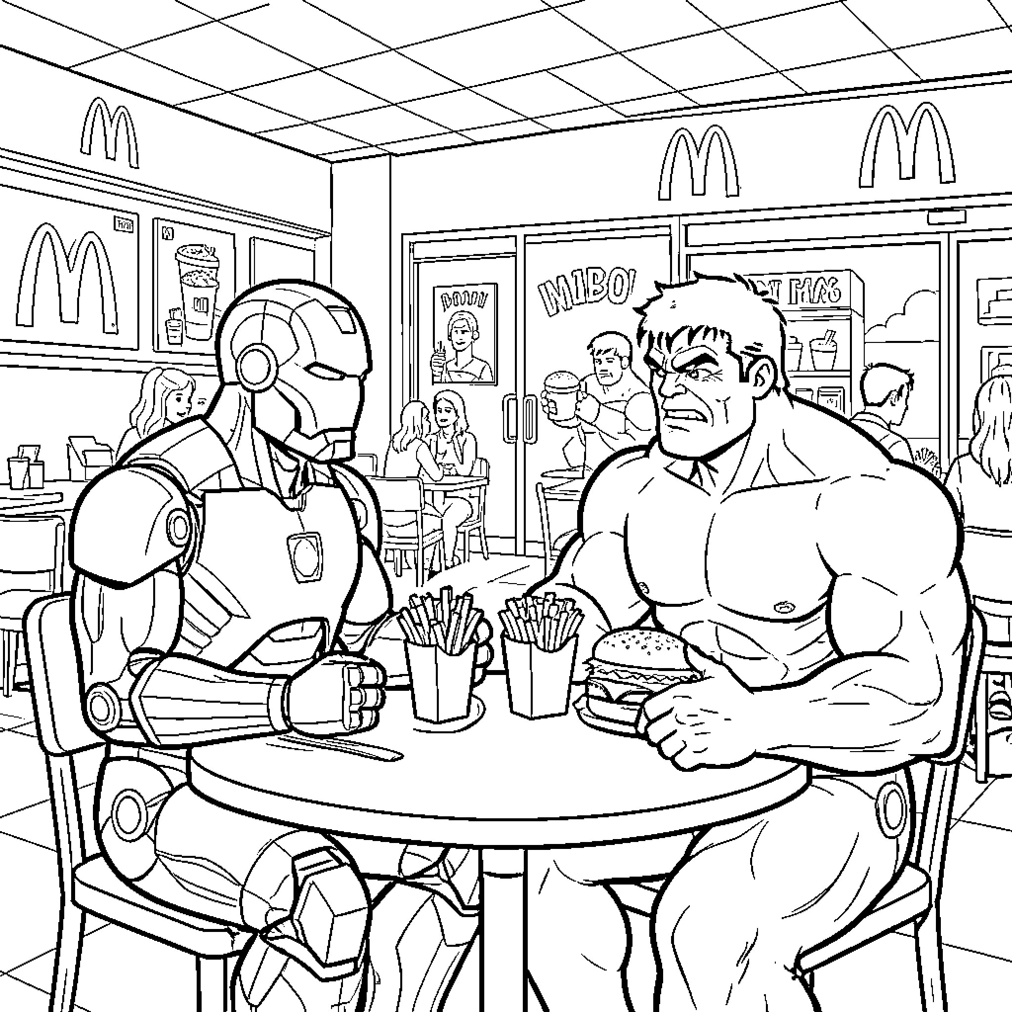 Iron Man and Hulk eating at a fast food restaurant Coloring Page (free black-and-white line drawing printable PDF for all, from beginners to advanced learners, including children, teens, adults, and seniors)