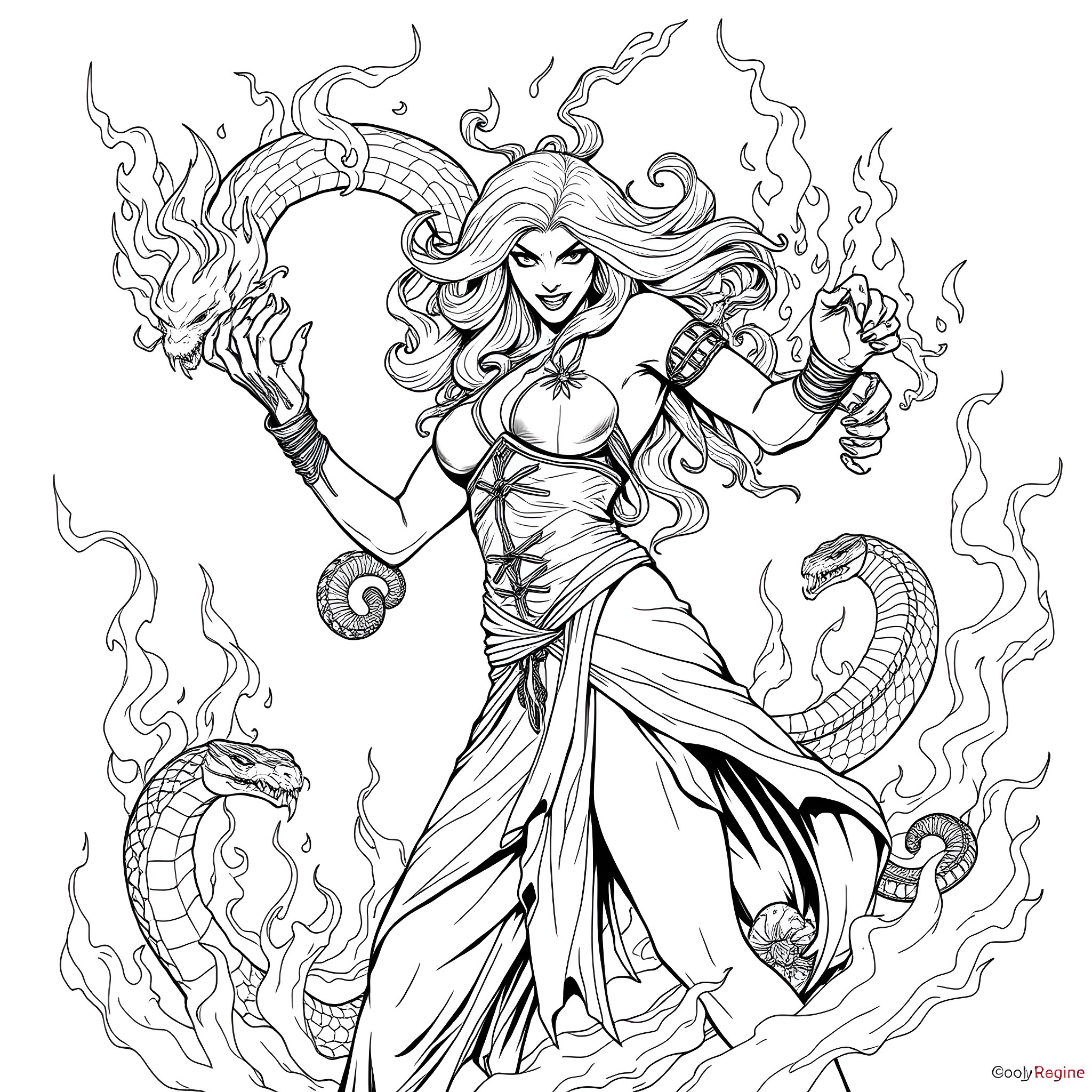 Snake Goddess wielding magical staff and surrounded by snakes Coloring Page (free black-and-white line drawing printable PDF for all, from beginners to advanced learners, including children, teens, adults, and seniors)