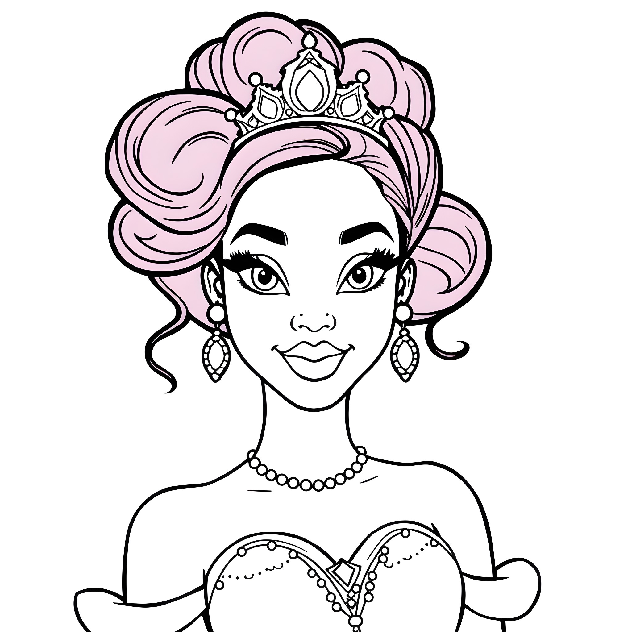 Princess with Elaborate Crown and Jewelry Coloring Page (free black-and-white line drawing printable PDF for all, from beginners to advanced learners, including children, teens, adults, and seniors)