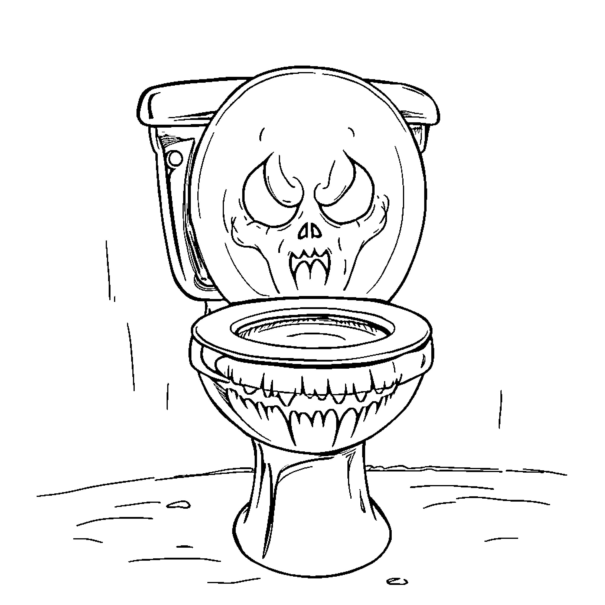 Toilet with a menacing face Coloring Page (free black-and-white line drawing printable PDF for all, from beginners to advanced learners, including children, teens, adults, and seniors)