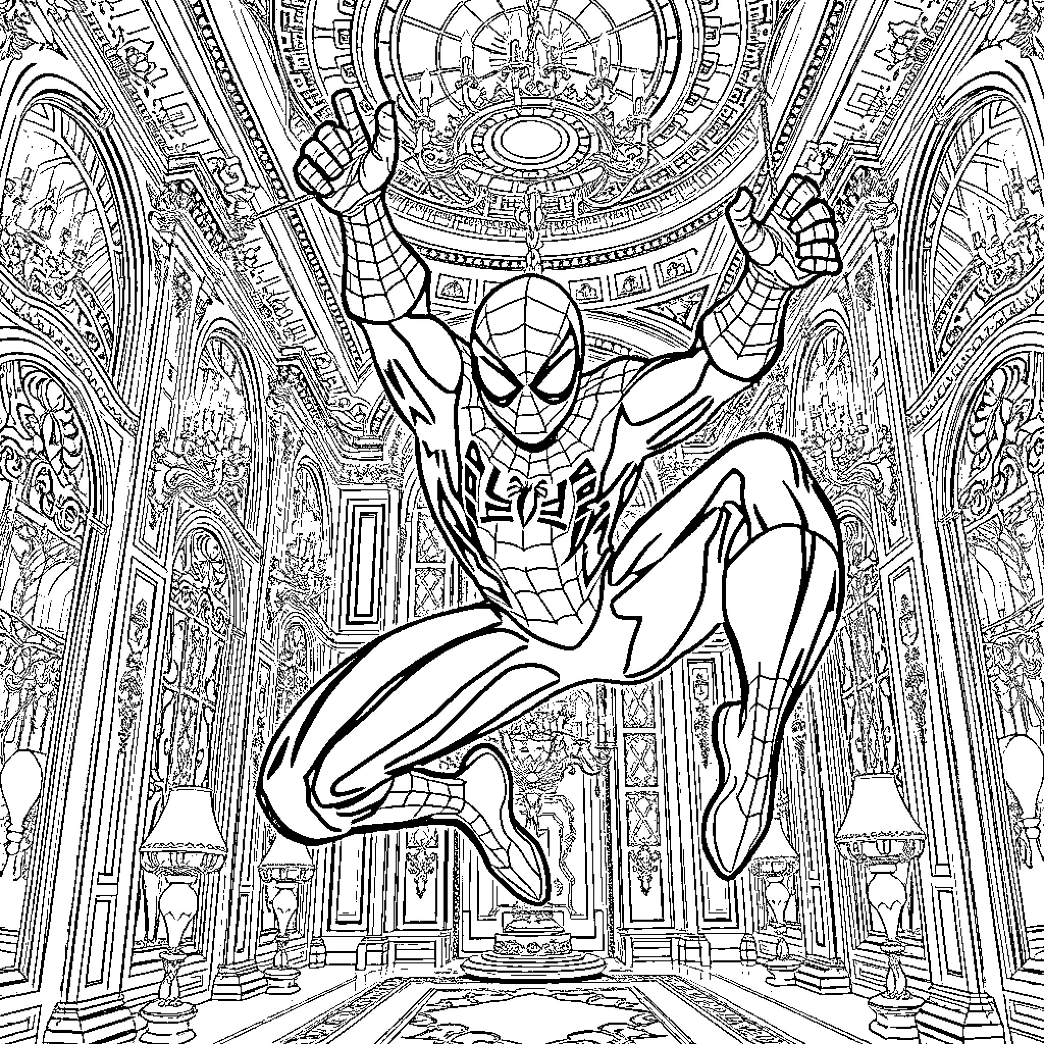Spiderman swinging through an ornate, detailed interior Coloring Page (free black-and-white line drawing printable PDF for all, from beginners to advanced learners, including children, teens, adults, and seniors)