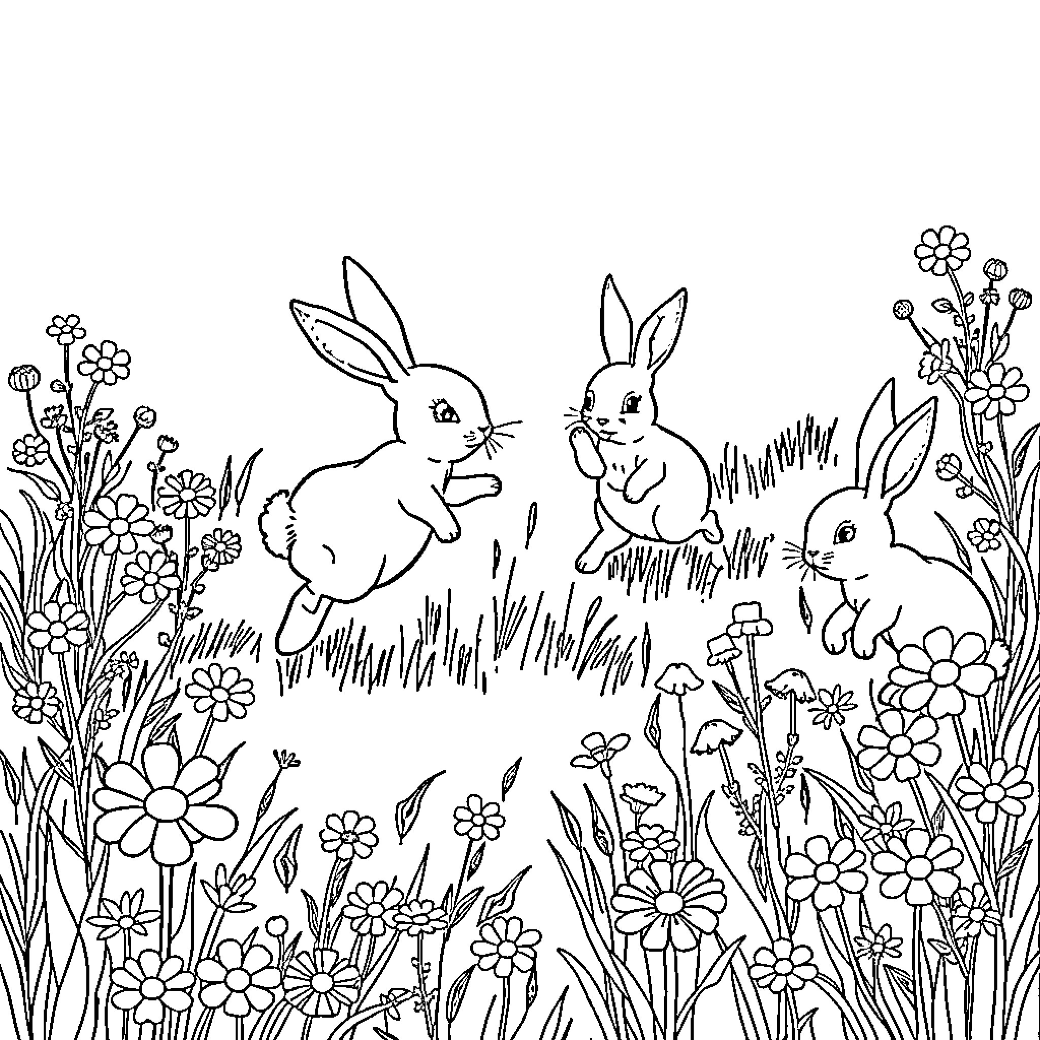 Bunnies frolicking in a floral meadow Coloring Page (free black-and-white line drawing printable PDF for all, from beginners to advanced learners, including children, teens, adults, and seniors)