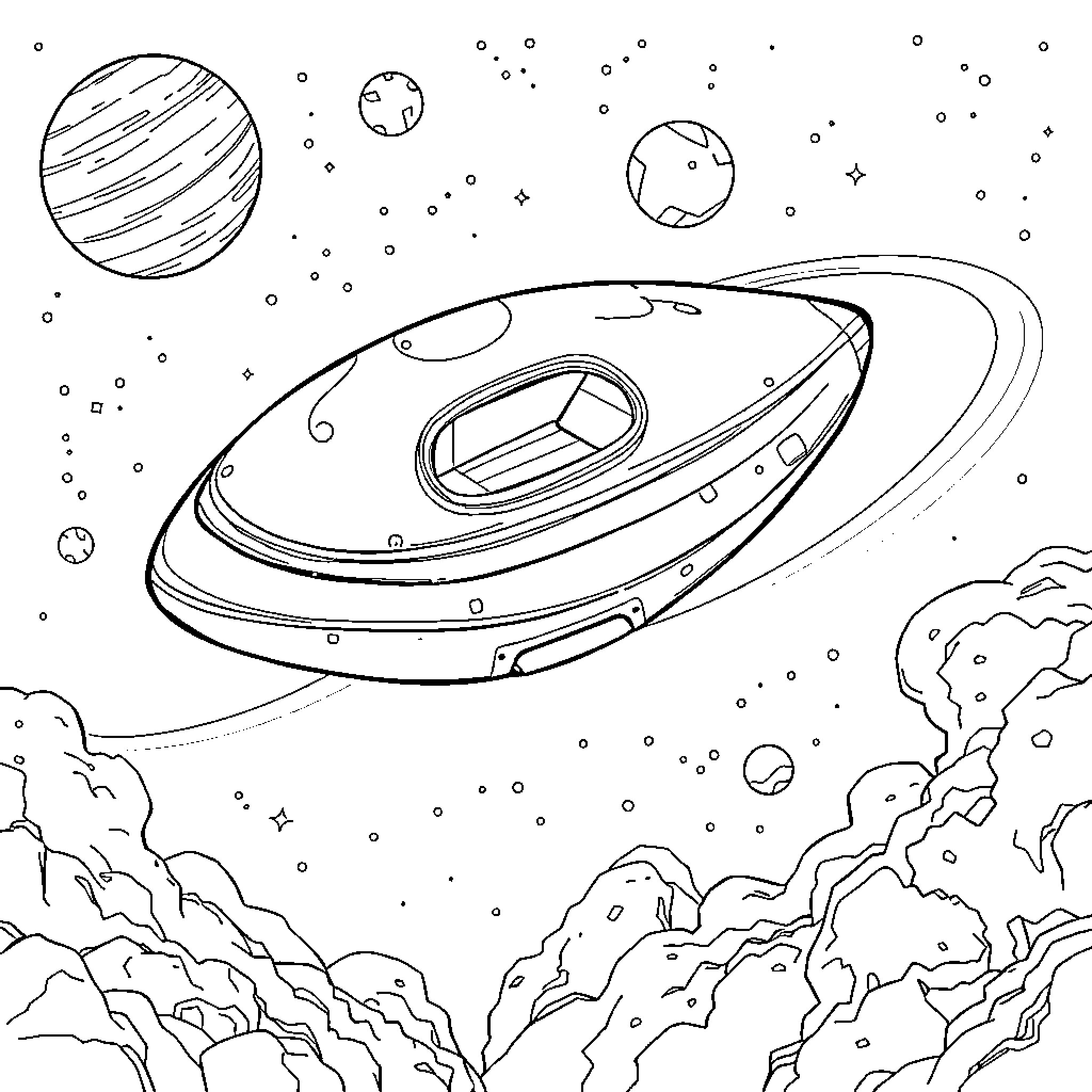 Spaceship soaring through the cosmic expanse Coloring Page (free black-and-white line drawing printable PDF for all, from beginners to advanced learners, including children, teens, adults, and seniors)