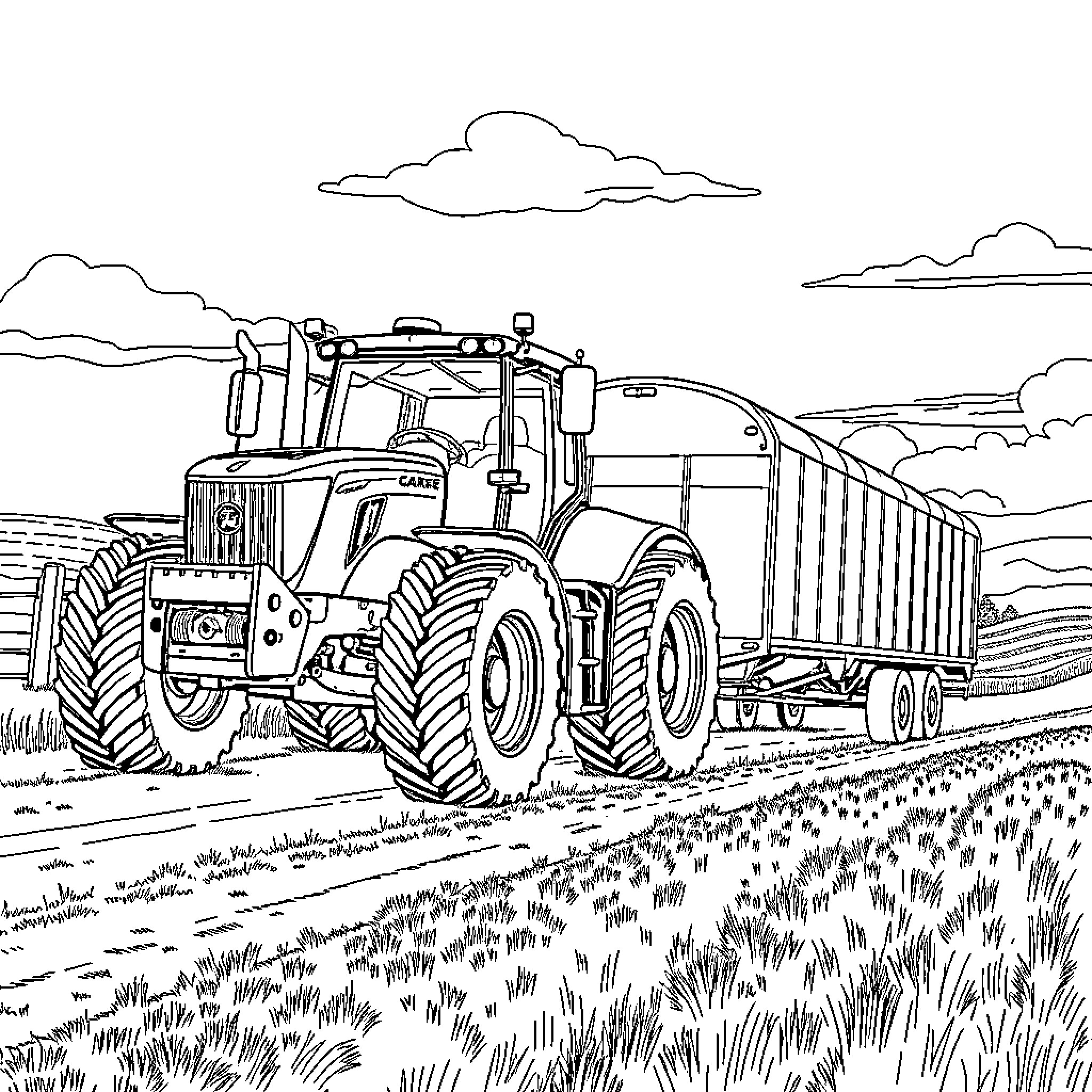 Tractor hauling a trailer on a rural road Coloring Page (free black-and-white line drawing printable PDF for all, from beginners to advanced learners, including children, teens, adults, and seniors)