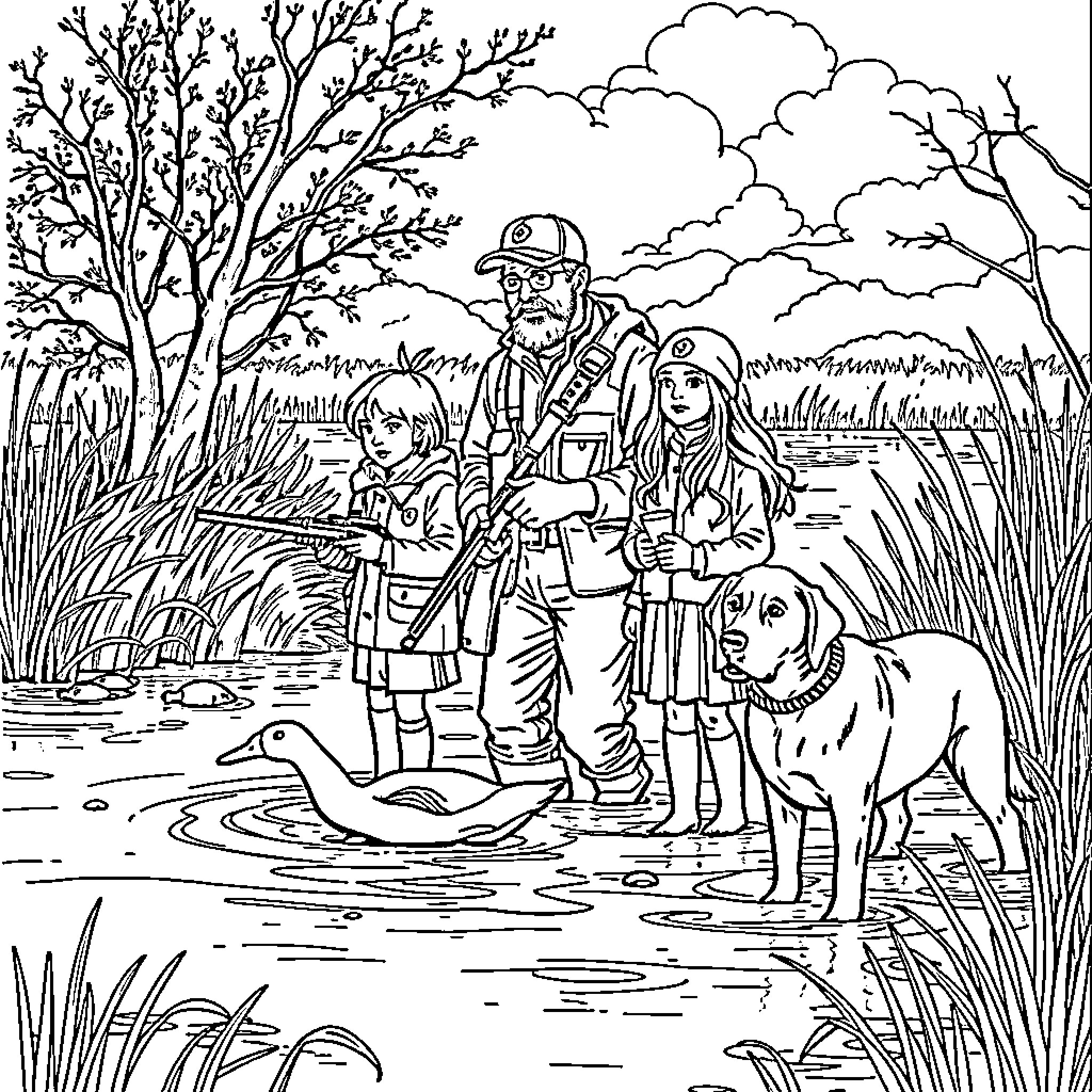 Duck family exploring the outdoors with their caretakers Coloring Page (free black-and-white line drawing printable PDF for all, from beginners to advanced learners, including children, teens, adults, and seniors)