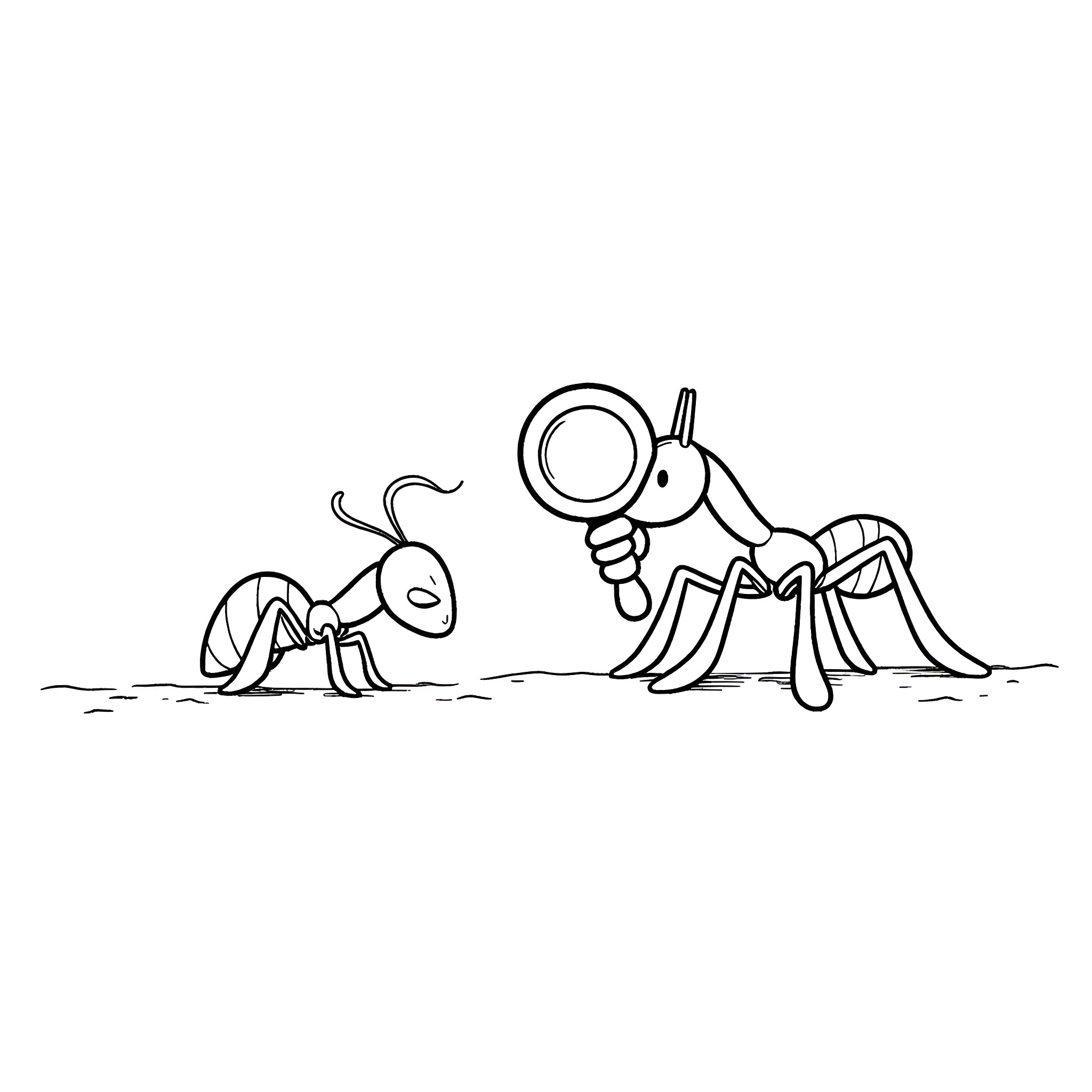 Ant detectives searching the scene Coloring Page (free black-and-white line drawing printable PDF for all, from beginners to advanced learners, including children, teens, adults, and seniors)
