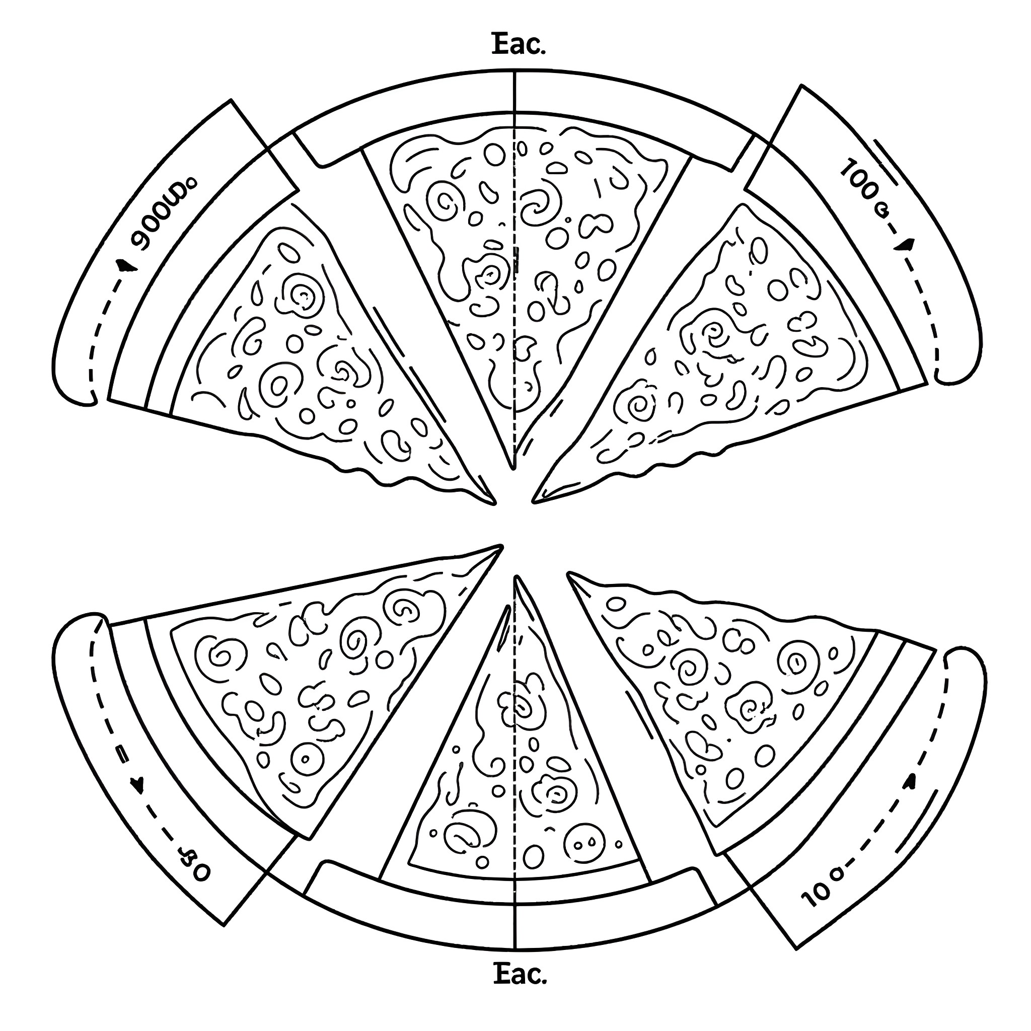 Pizza slices in a circular arrangement Coloring Page (free black-and-white line drawing printable PDF for all, from beginners to advanced learners, including children, teens, adults, and seniors)