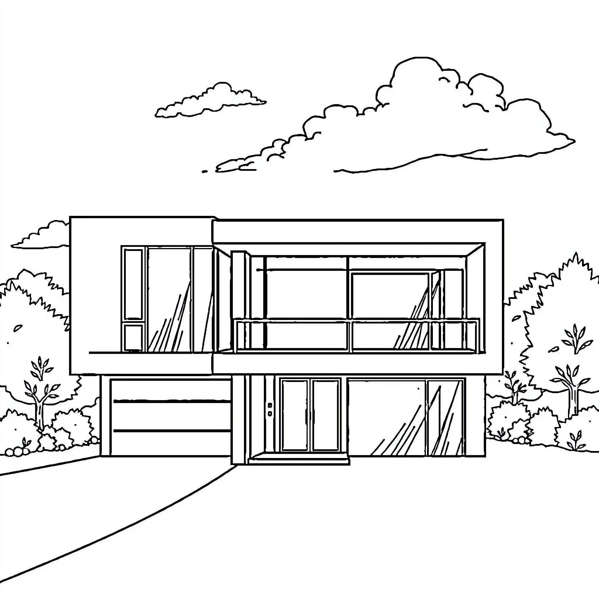 House with modern architectural design Coloring Page (free black-and-white line drawing printable PDF for all, from beginners to advanced learners, including children, teens, adults, and seniors)