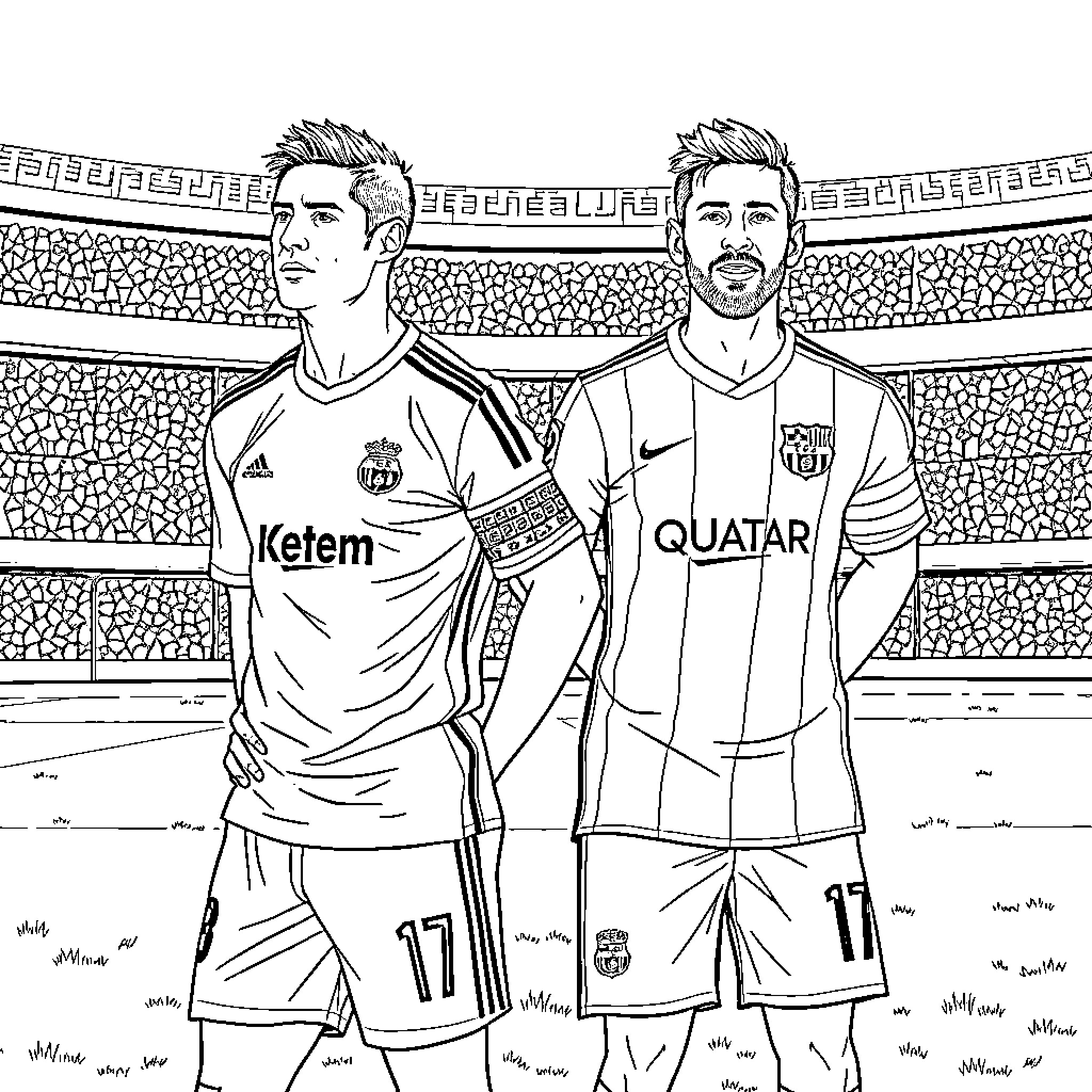 Ronaldo and Messi facing off on the soccer field Coloring Page (free black-and-white line drawing printable PDF for all, from beginners to advanced learners, including children, teens, adults, and seniors)