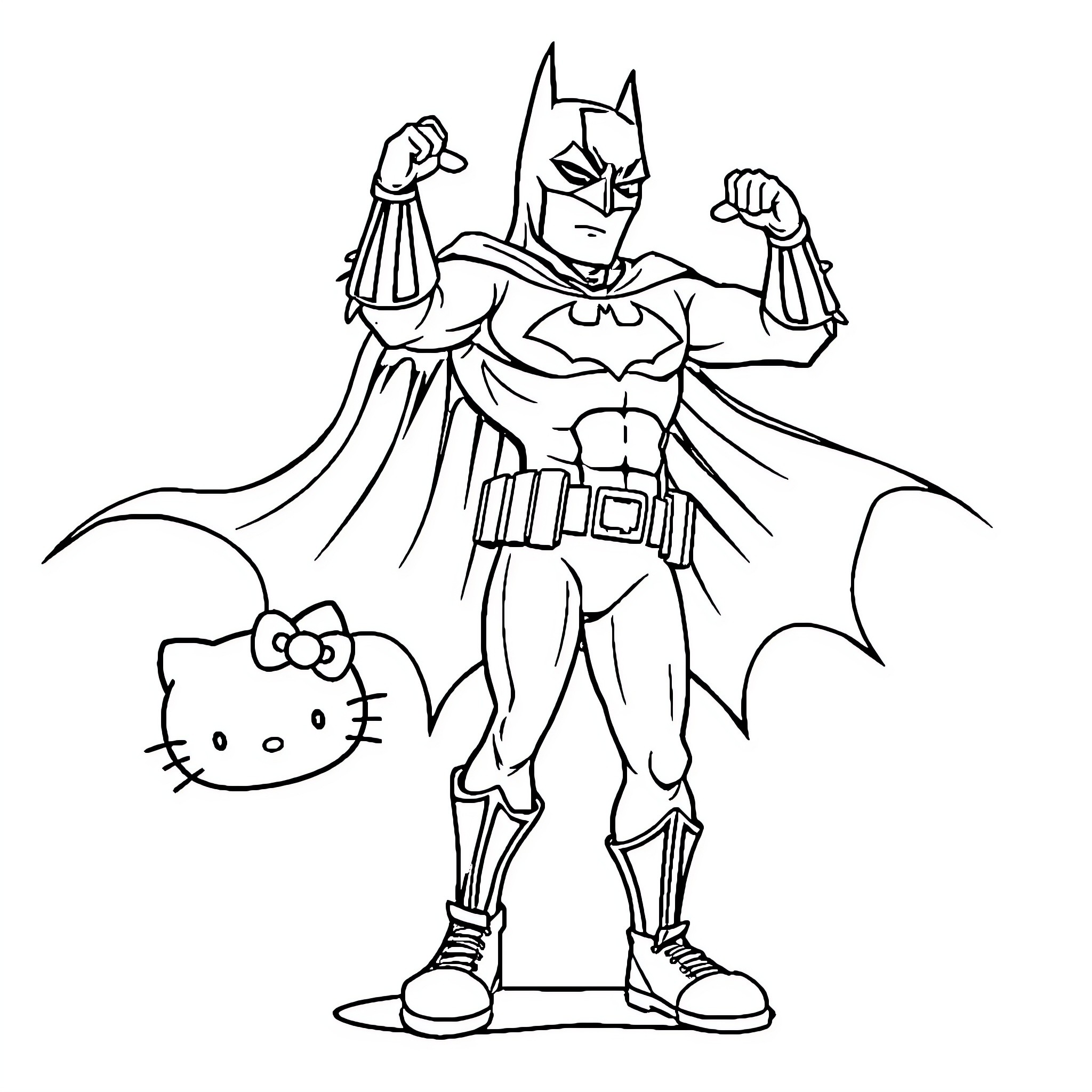 Batman in action posing with Hello Kitty Coloring Page (free black-and-white line drawing printable PDF for all, from beginners to advanced learners, including children, teens, adults, and seniors)