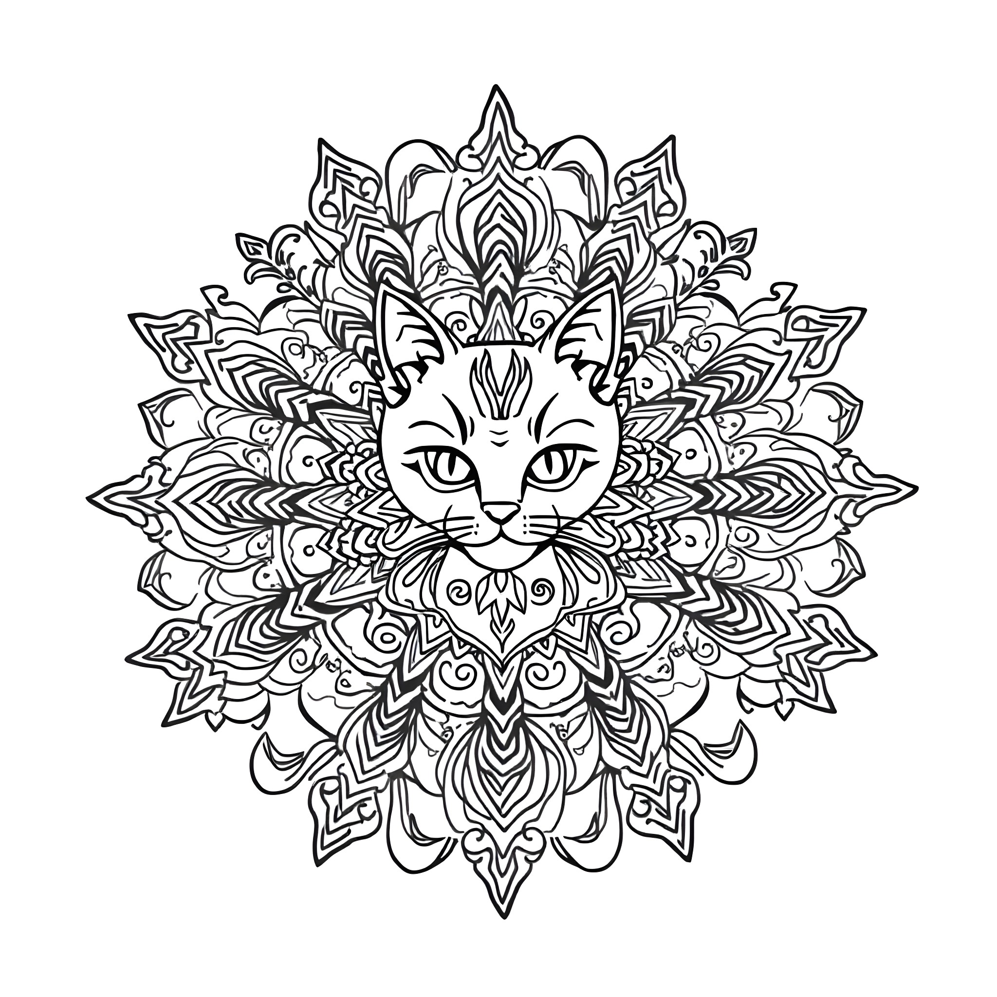 Cat mandala with intricate patterns Coloring Page (free black-and-white line drawing printable PDF for all, from beginners to advanced learners, including children, teens, adults, and seniors)