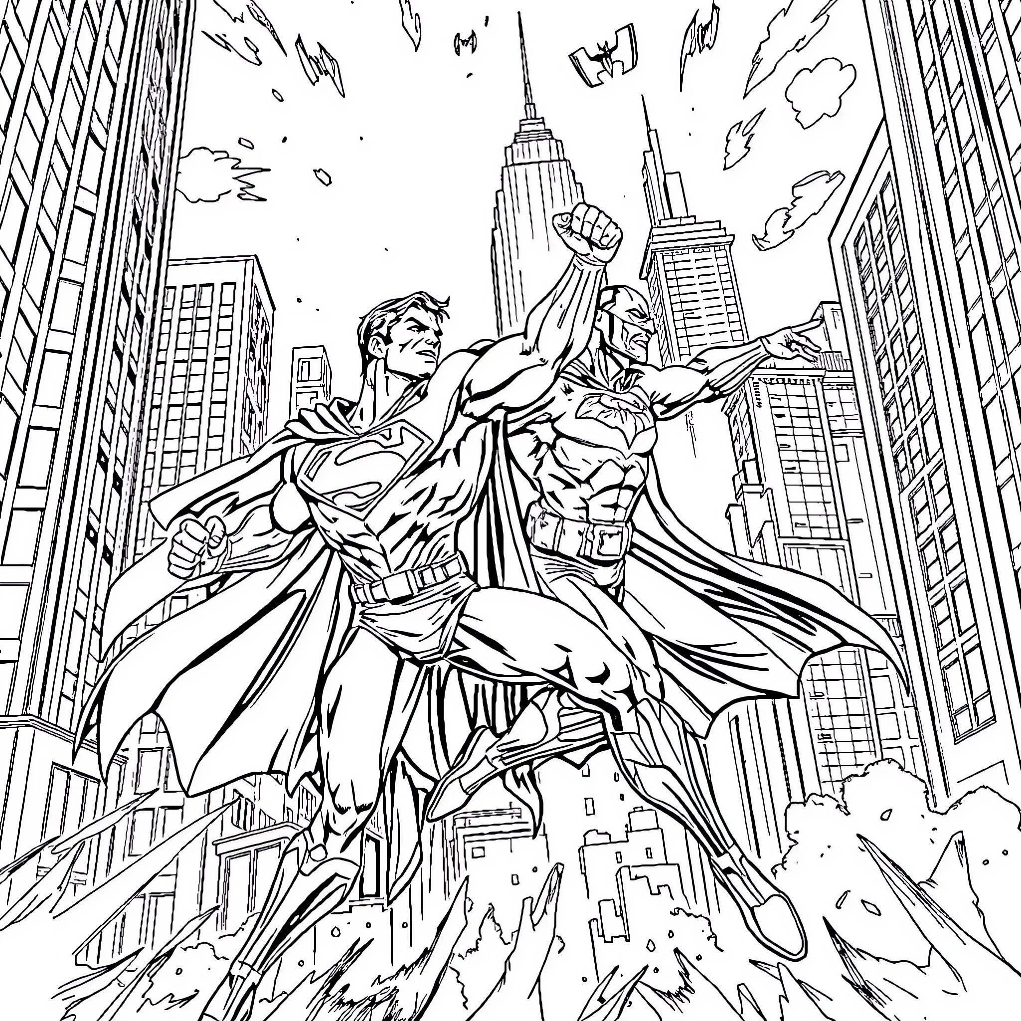 Superman and Batman soaring over the city Coloring Page (free black-and-white line drawing printable PDF for all, from beginners to advanced learners, including children, teens, adults, and seniors)