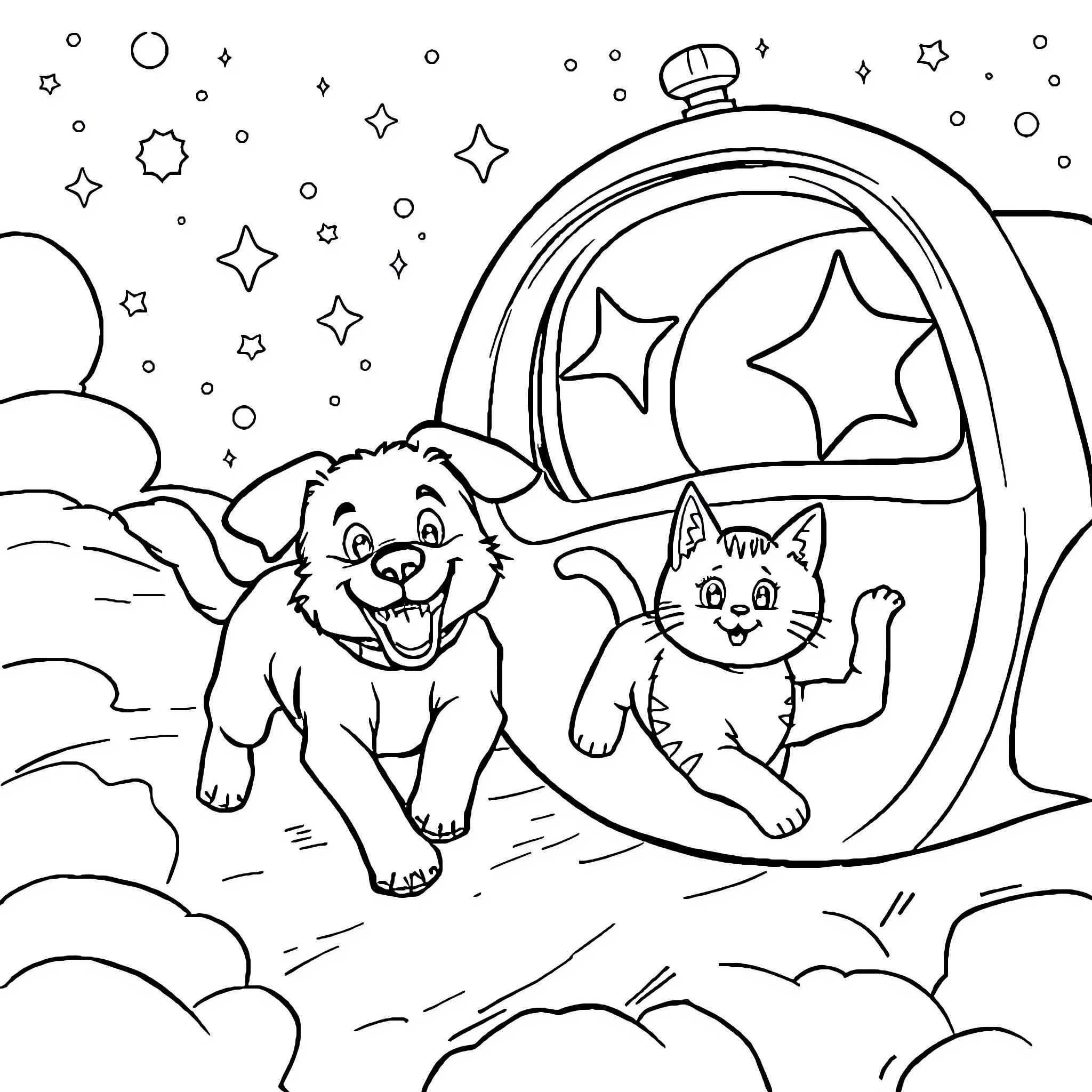 Dog and Cat Playing in Starry Night Coloring Page (free black-and-white line drawing printable PDF for all, from beginners to advanced learners, including children, teens, adults, and seniors)