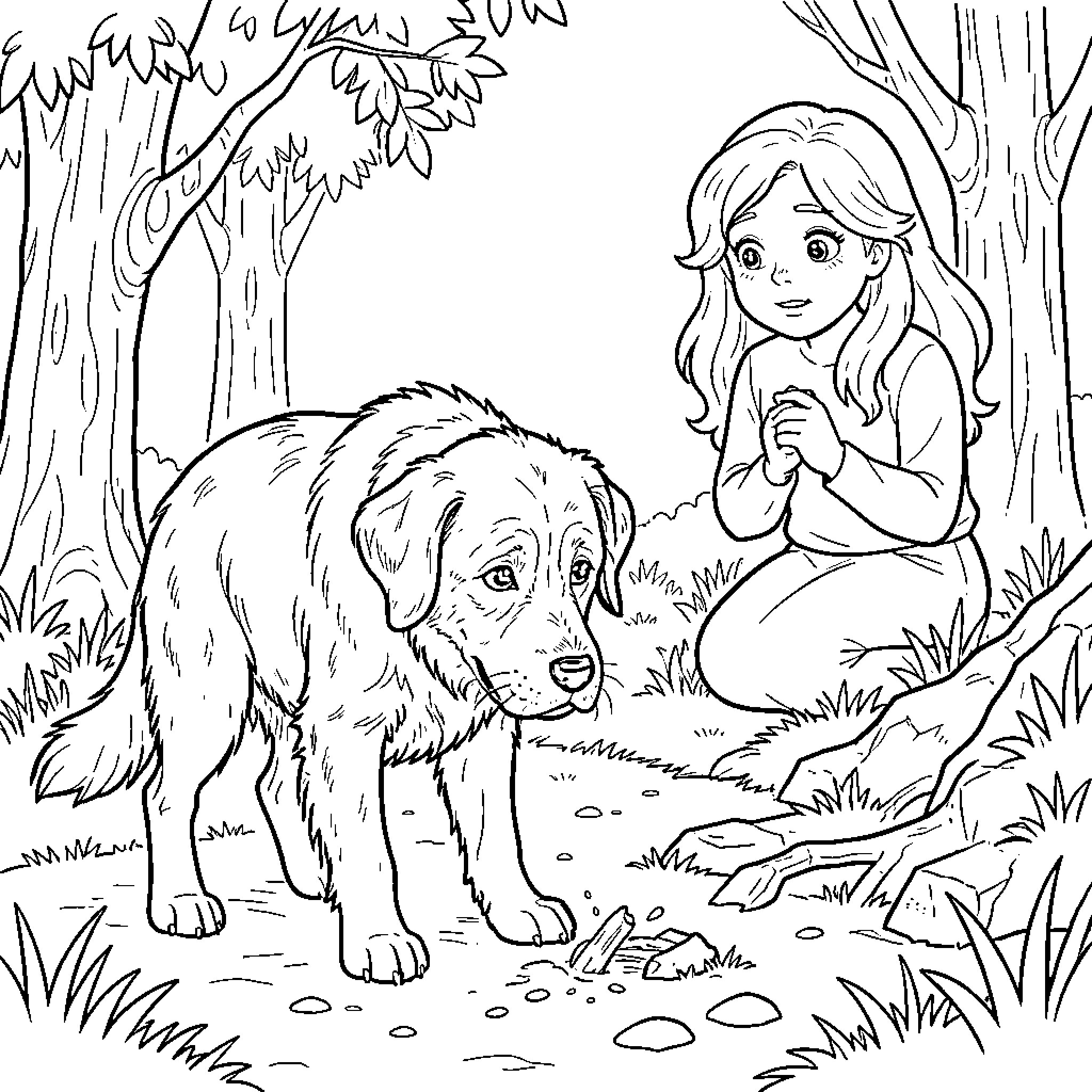 Dog sniffing a small object in the woods Coloring Page (free black-and-white line drawing printable PDF for all, from beginners to advanced learners, including children, teens, adults, and seniors)