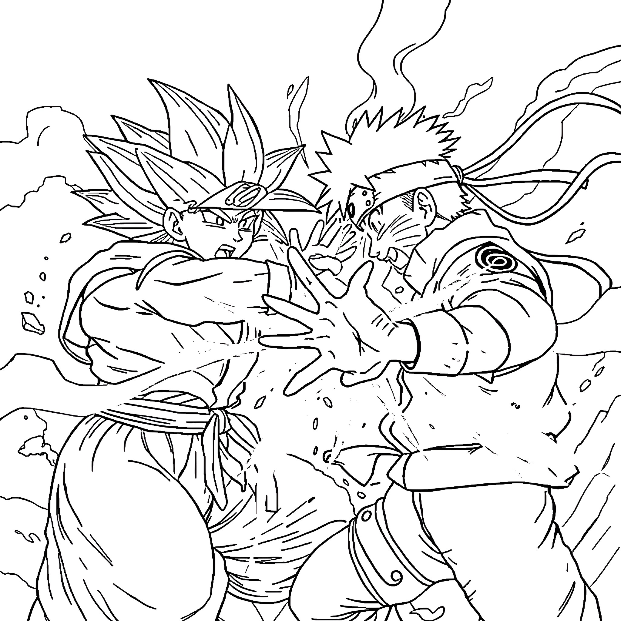 Goku and Naruto in an epic battle Coloring Page (free black-and-white line drawing printable PDF for all, from beginners to advanced learners, including children, teens, adults, and seniors)