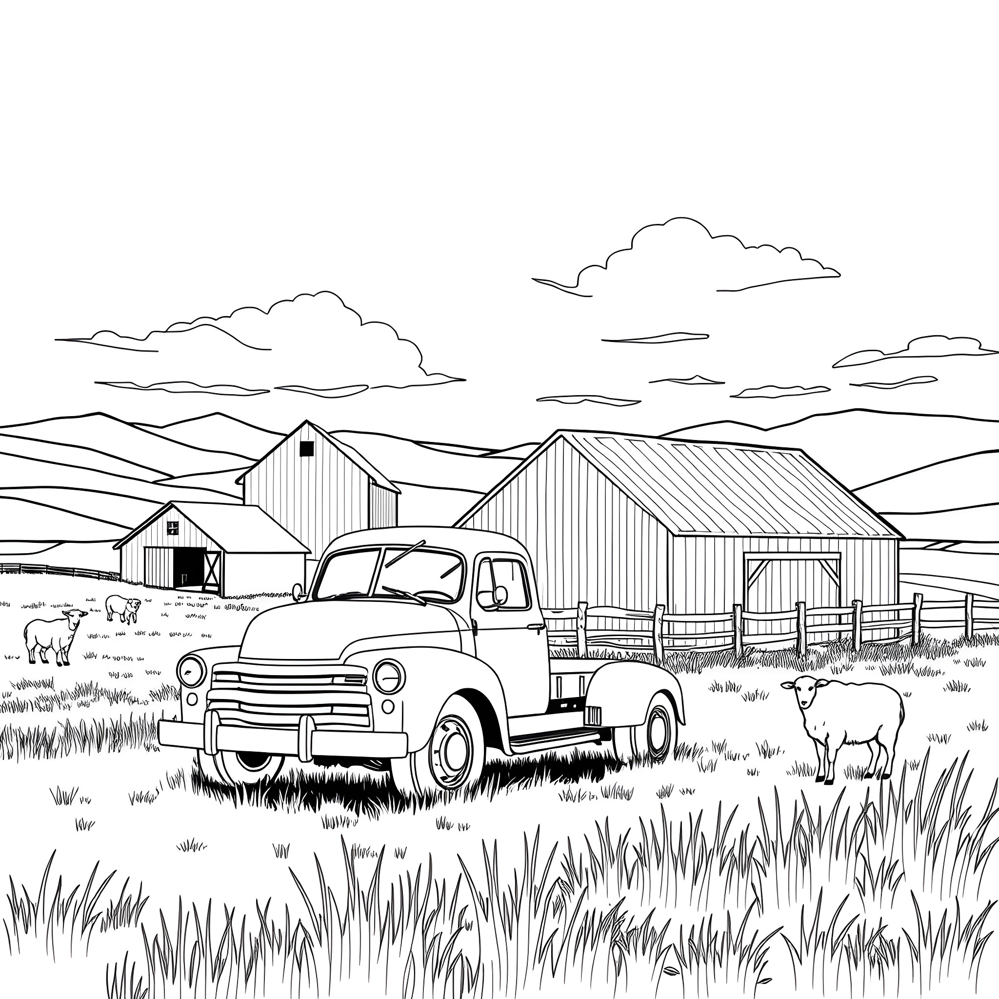 Truck Transporting Goods on a Rural Countryside Landscape Coloring Page (free black-and-white line drawing printable PDF for all, from beginners to advanced learners, including children, teens, adults, and seniors)