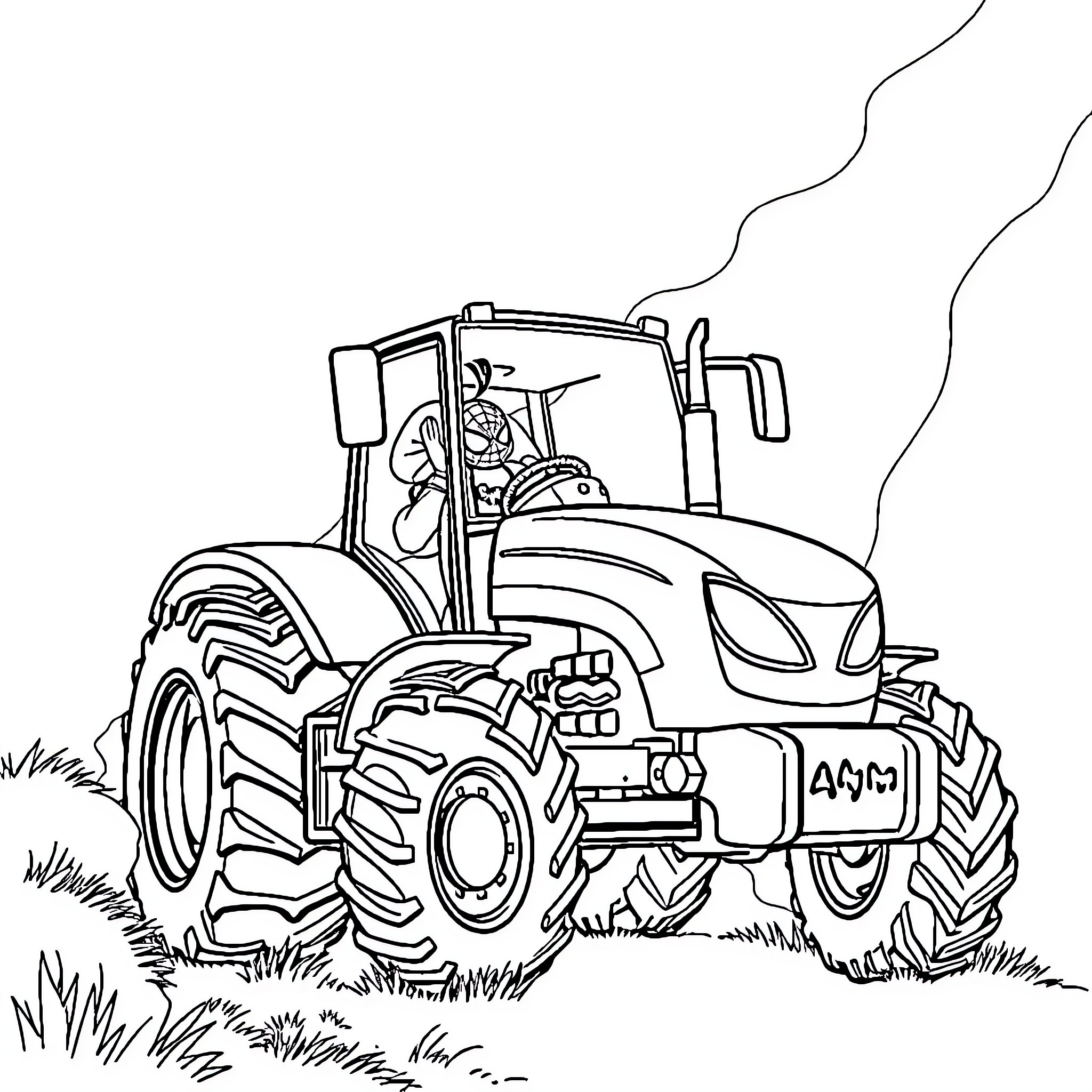 Tractor plowing through grassy field Coloring Page (free black-and-white line drawing printable PDF for all, from beginners to advanced learners, including children, teens, adults, and seniors)