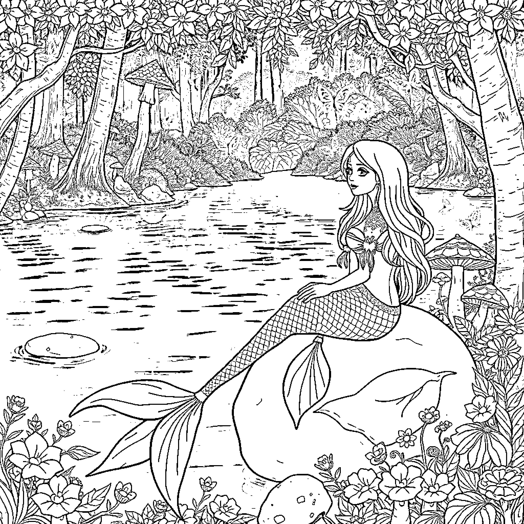 Mermaid in a Tranquil Forest Pond Coloring Page (free black-and-white line drawing printable PDF for all, from beginners to advanced learners, including children, teens, adults, and seniors)