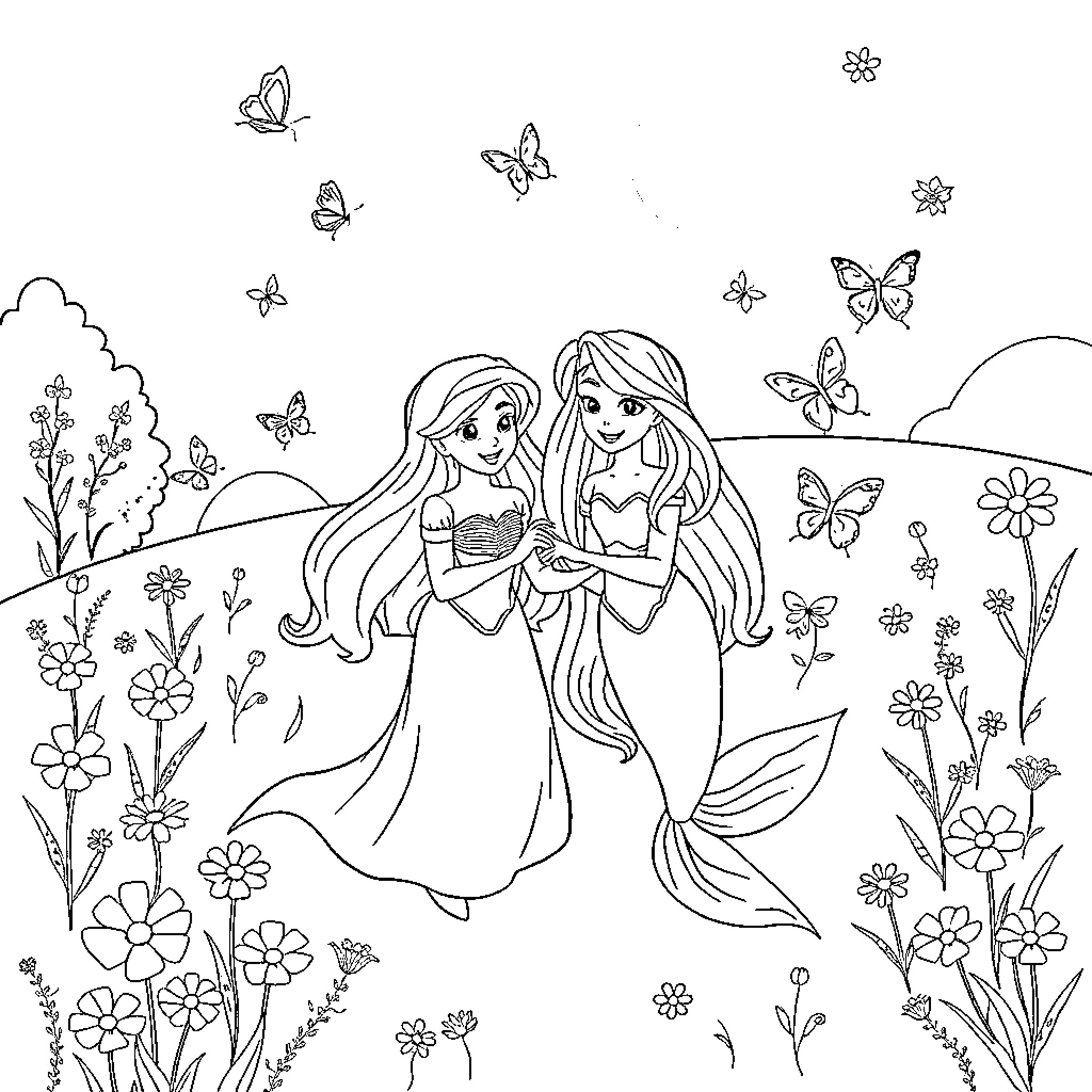 Mermaid sisters enjoying nature's beauty Coloring Page (free black-and-white line drawing printable PDF for all, from beginners to advanced learners, including children, teens, adults, and seniors)