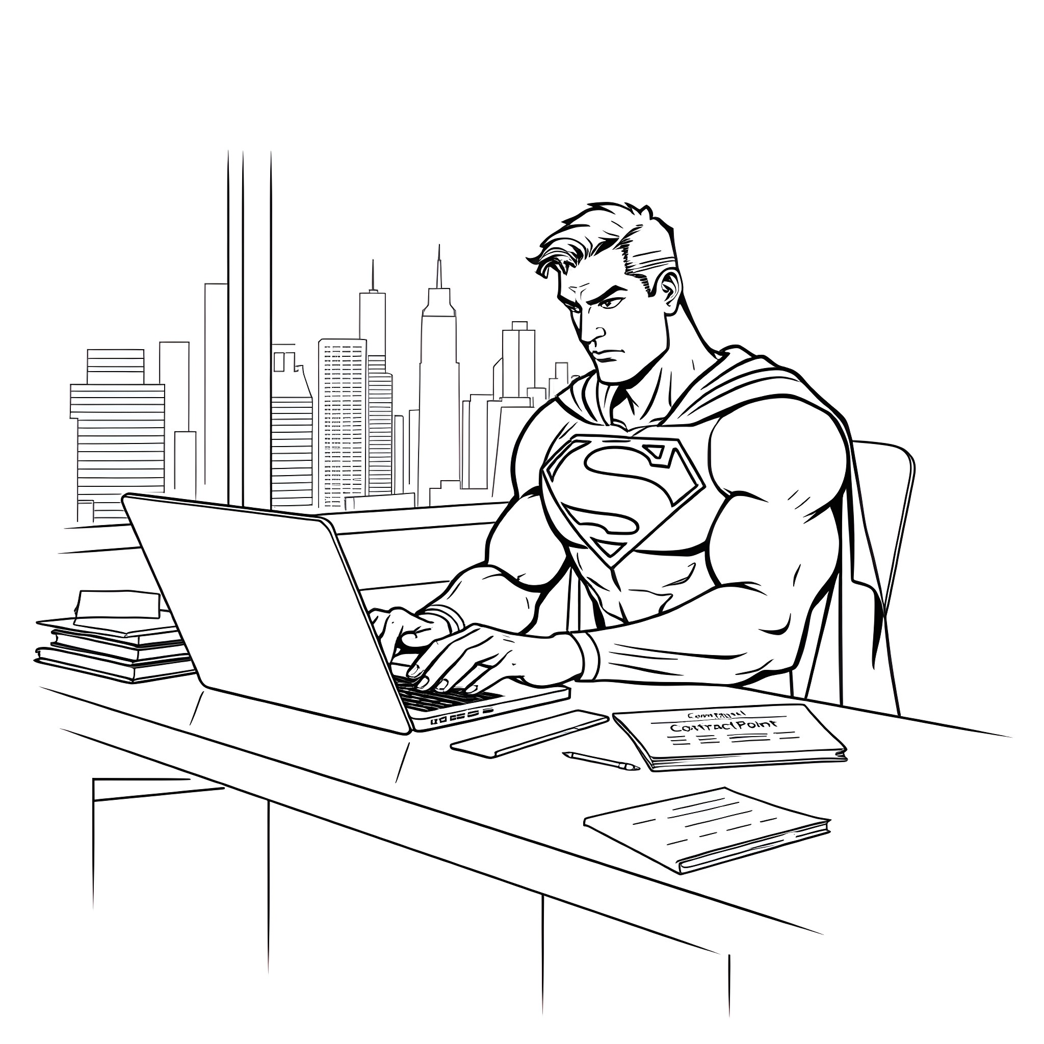 Superman working diligently on his laptop in the city Coloring Page (free black-and-white line drawing printable PDF for all, from beginners to advanced learners, including children, teens, adults, and seniors)