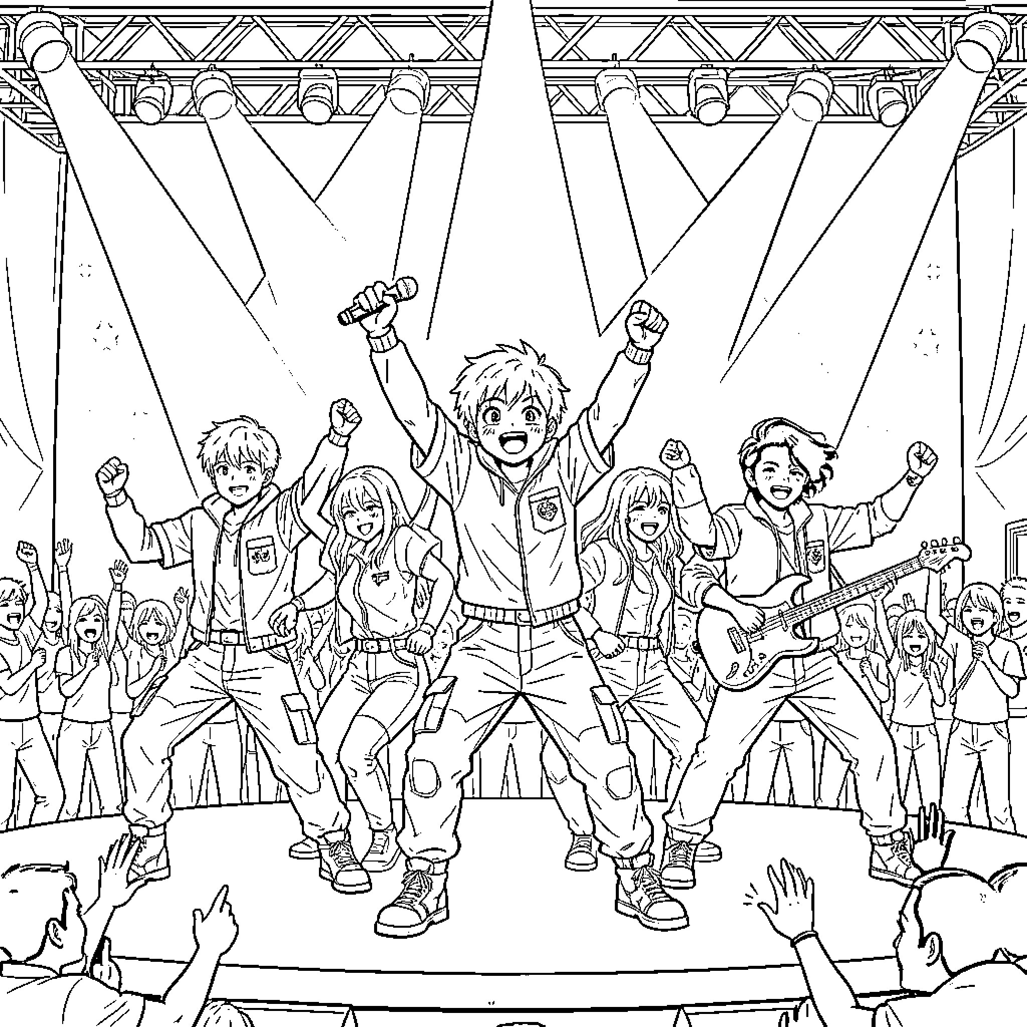 Rummi's Band Performing on Stage Coloring Page (free black-and-white line drawing printable PDF for all, from beginners to advanced learners, including children, teens, adults, and seniors)