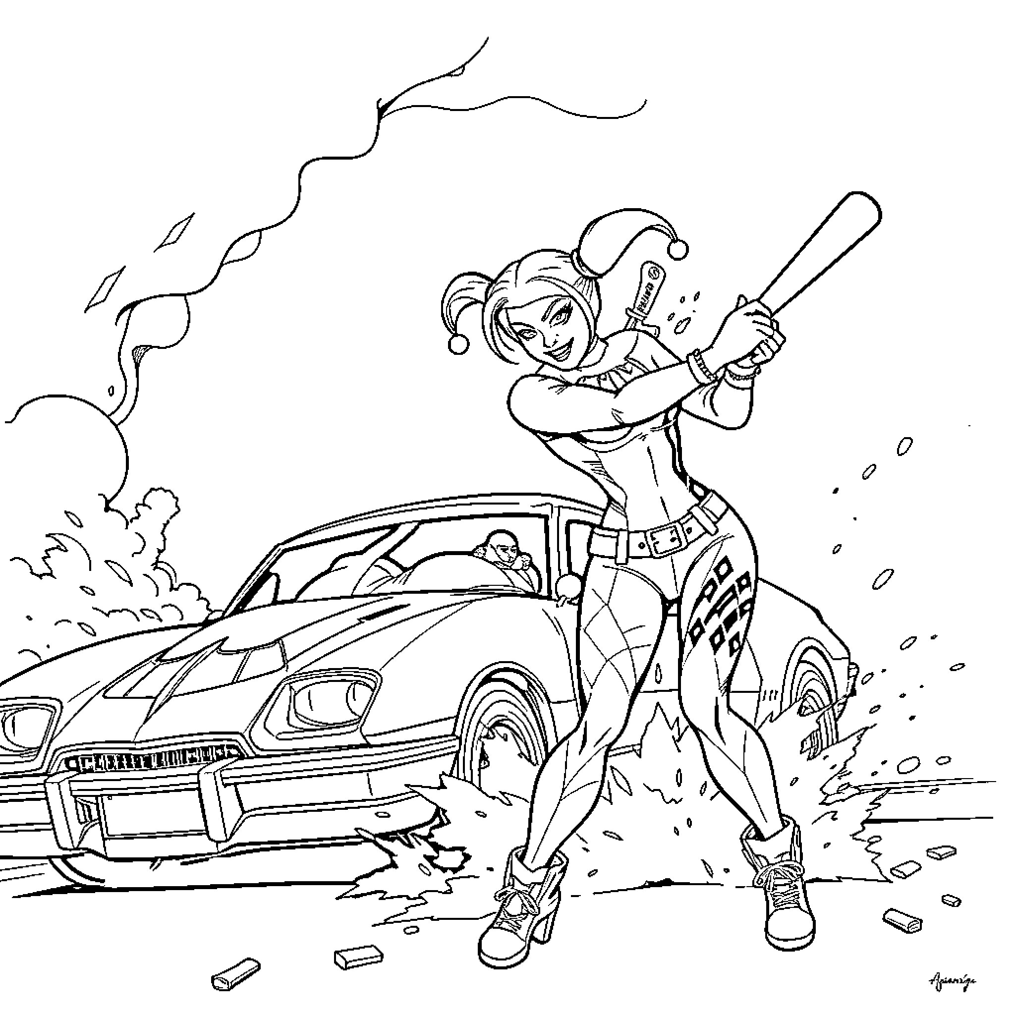 Harley Quinn in action, wielding her mallet Coloring Page (free black-and-white line drawing printable PDF for all, from beginners to advanced learners, including children, teens, adults, and seniors)
