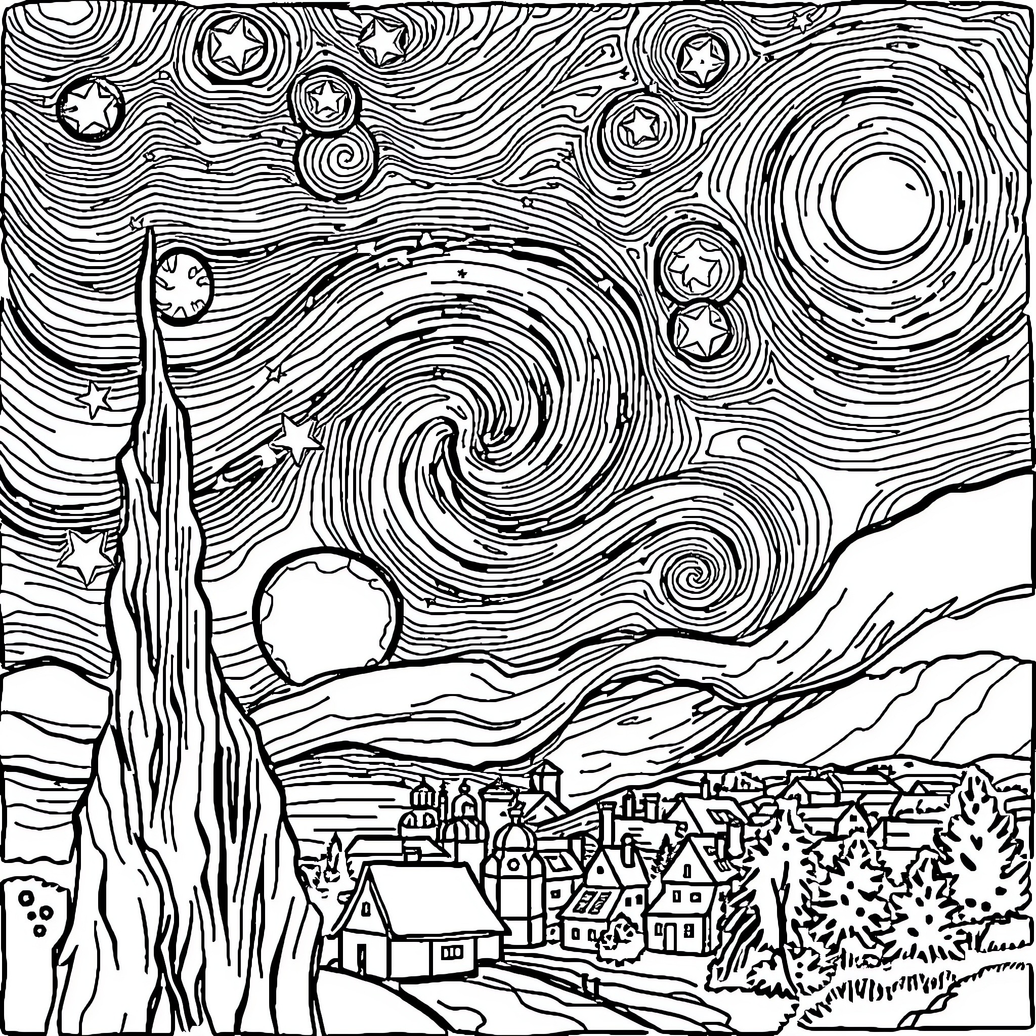 Starry Night with Swirling Skies and Village Landscape Coloring Page (free black-and-white line drawing printable PDF for all, from beginners to advanced learners, including children, teens, adults, and seniors)