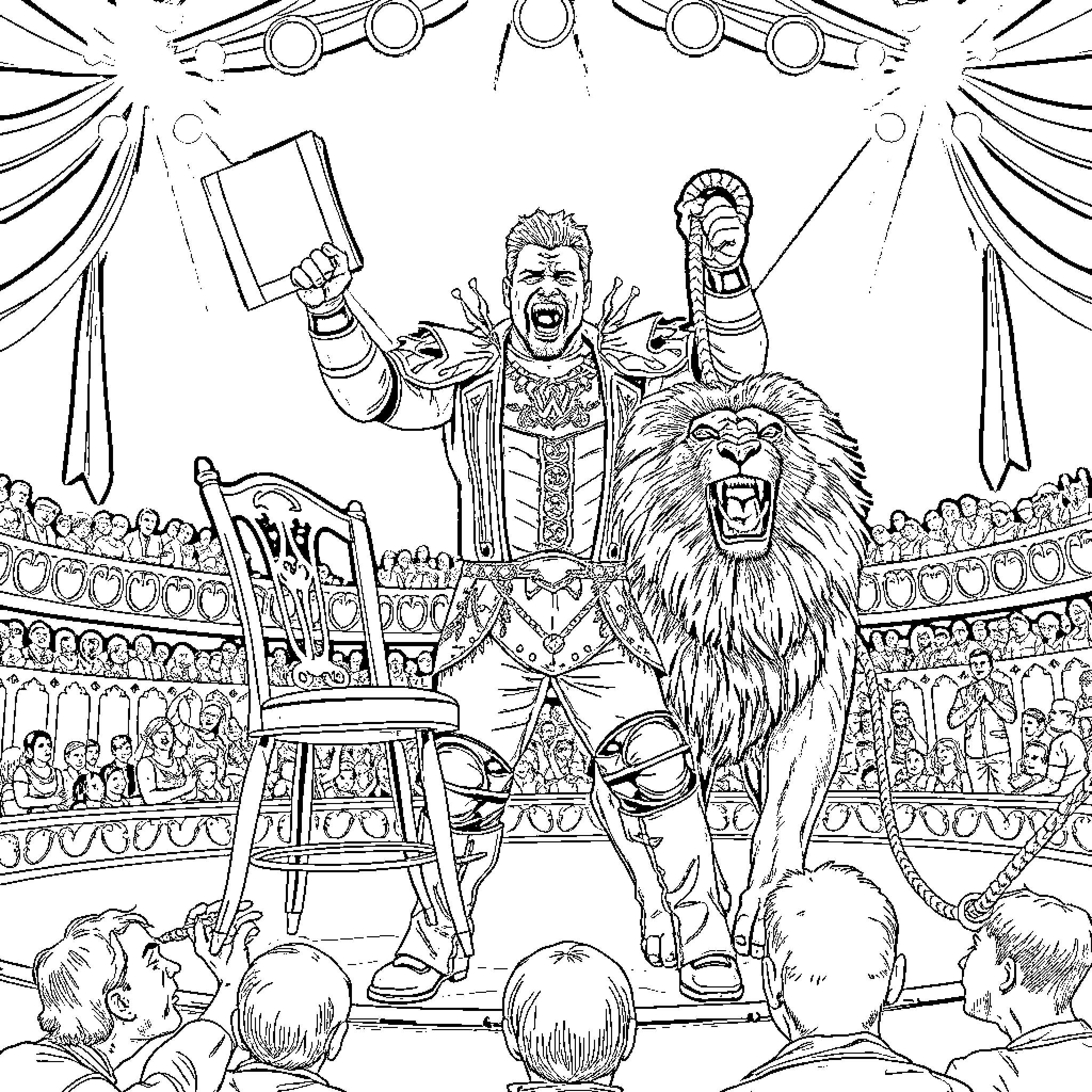 Lion Tamer performing thrilling acts in the circus arena Coloring Page (free black-and-white line drawing printable PDF for all, from beginners to advanced learners, including children, teens, adults, and seniors)