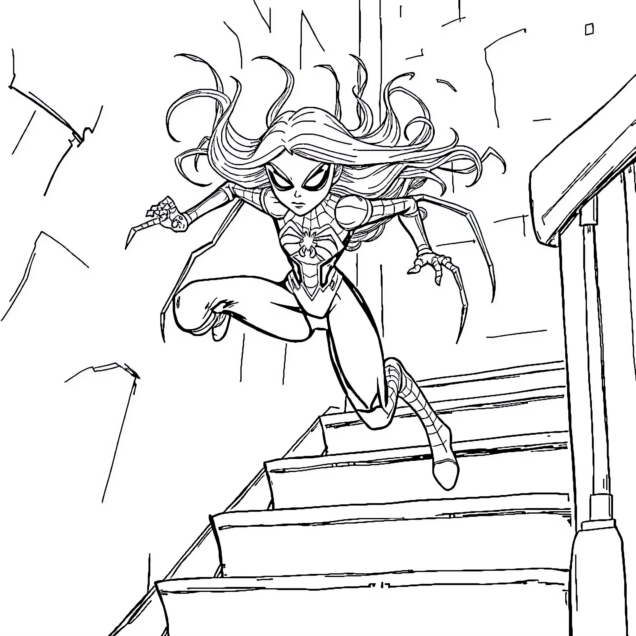 Spider Girl climbing up the stairs with determination Coloring Page (free black-and-white line drawing printable PDF for all, from beginners to advanced learners, including children, teens, adults, and seniors)