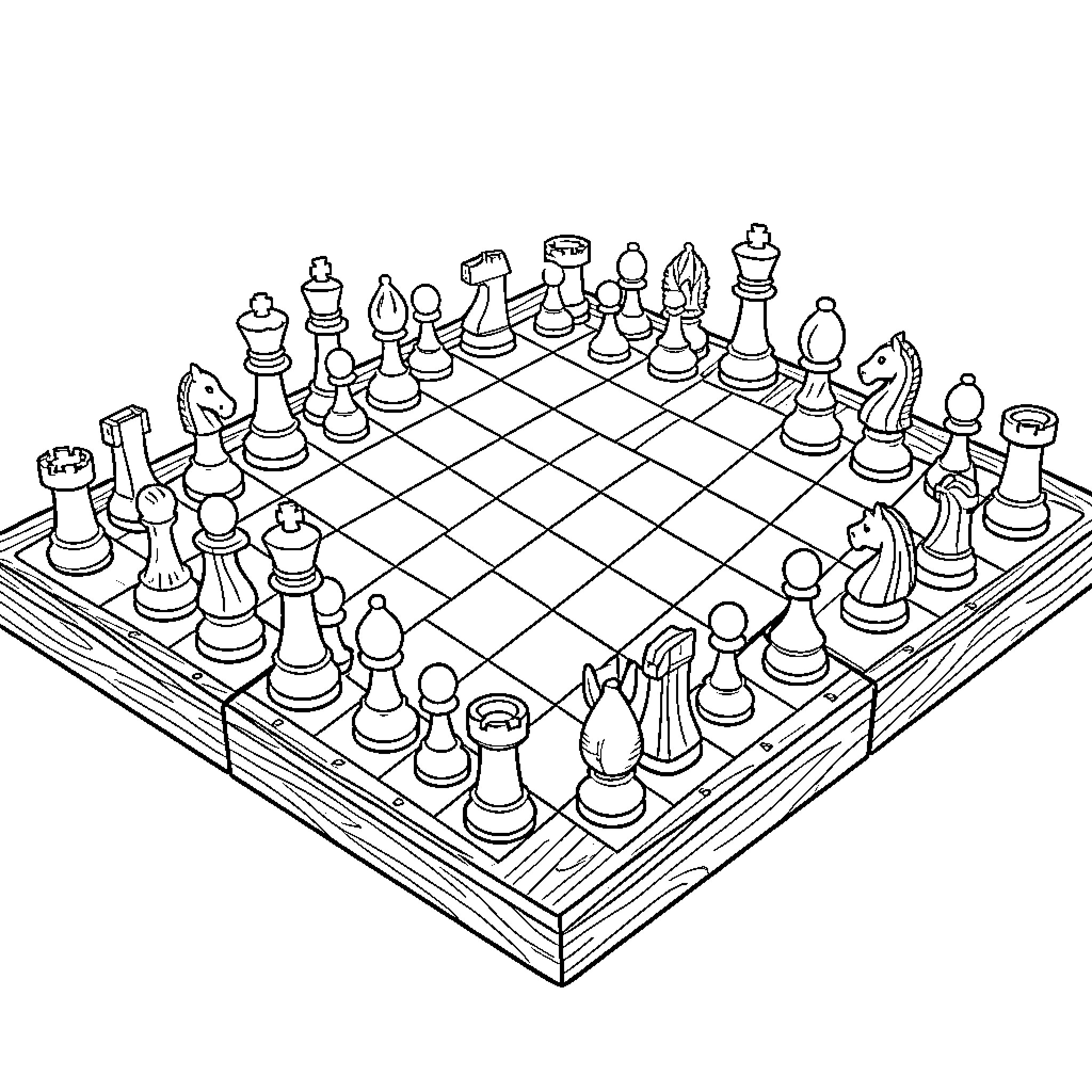 Chess game in progress with various pieces Coloring Page (free black-and-white line drawing printable PDF for all, from beginners to advanced learners, including children, teens, adults, and seniors)